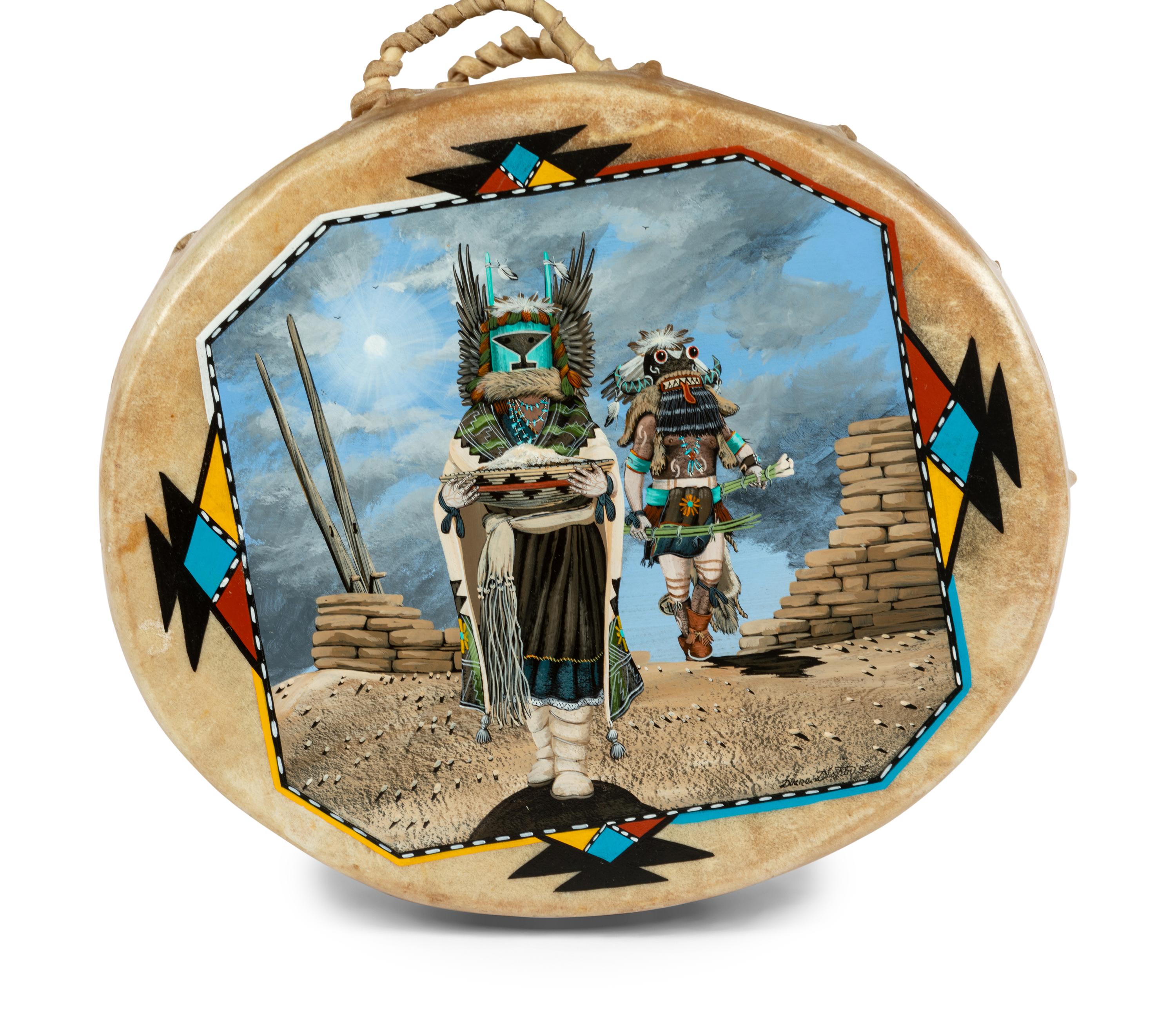 Painted Wood Drum, Crow Mother and Whipper Katsinas