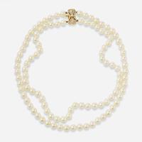 A Set of Pearl and Diamond Necklace and Earrings