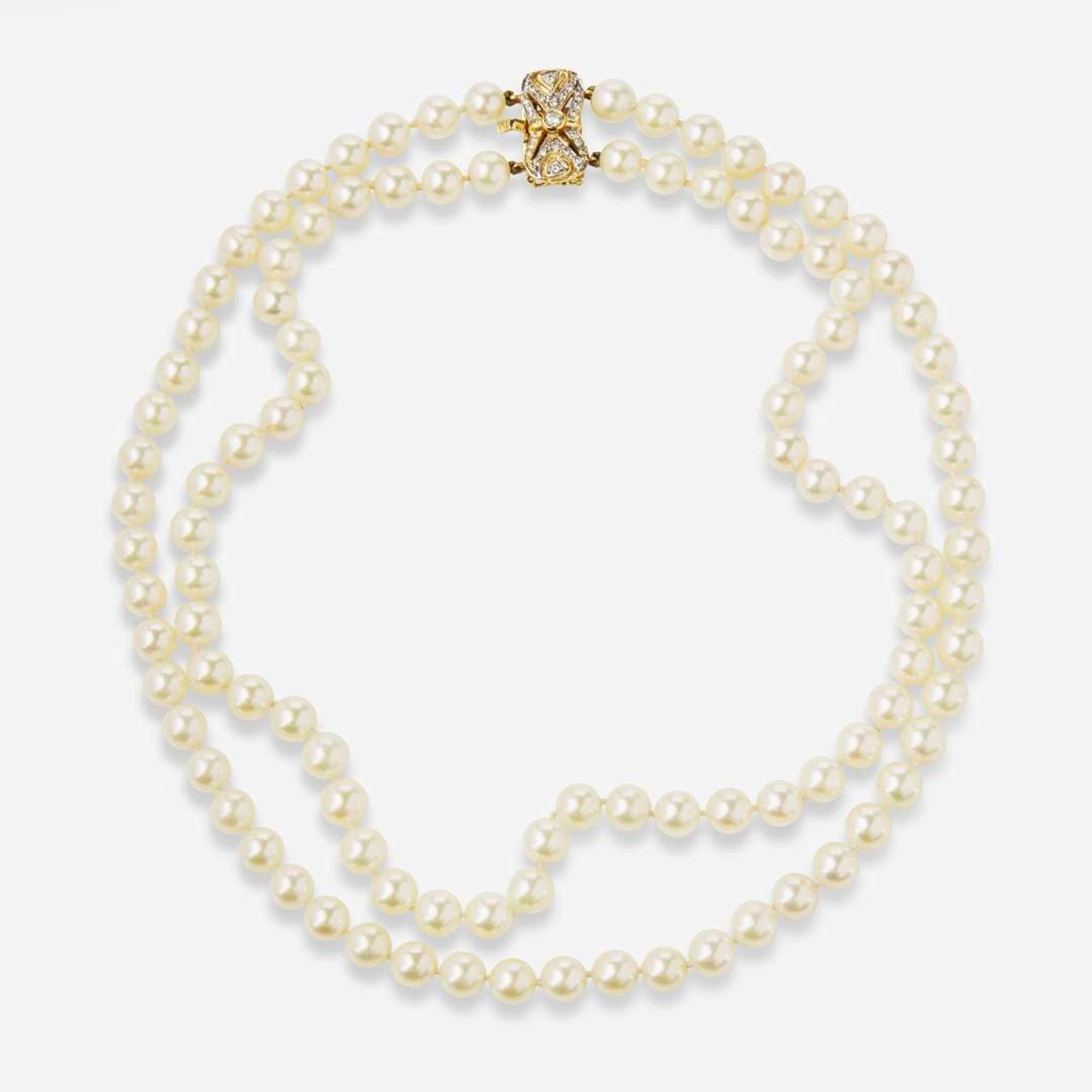 A Set of Pearl and Diamond Necklace and Earrings