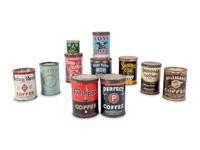 A Large Group of Country Store Advertising Coffee Tins