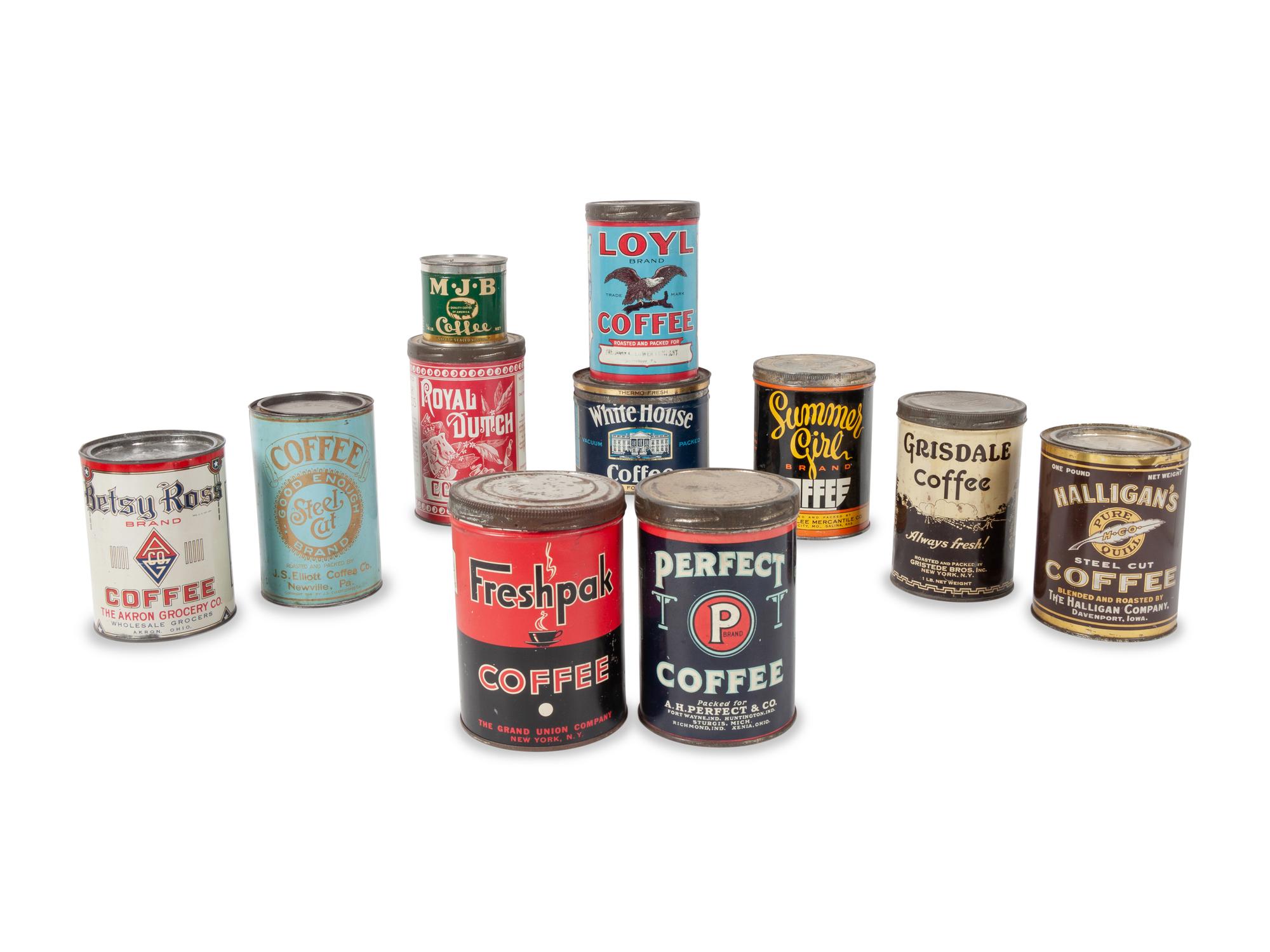 A Large Group of Country Store Advertising Coffee Tins