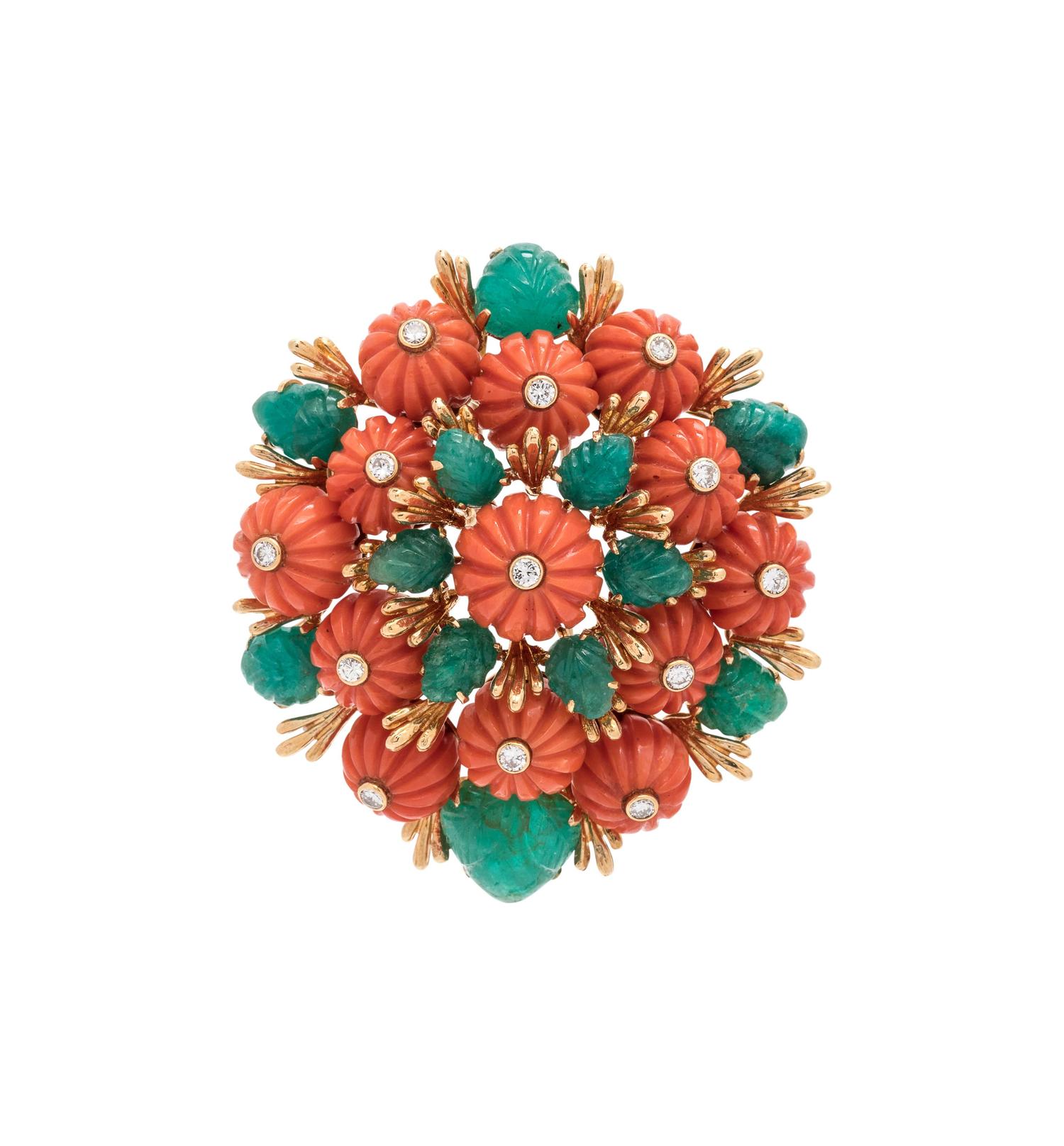 David Webb, Coral, Emerald and Diamond Pendant/Brooch