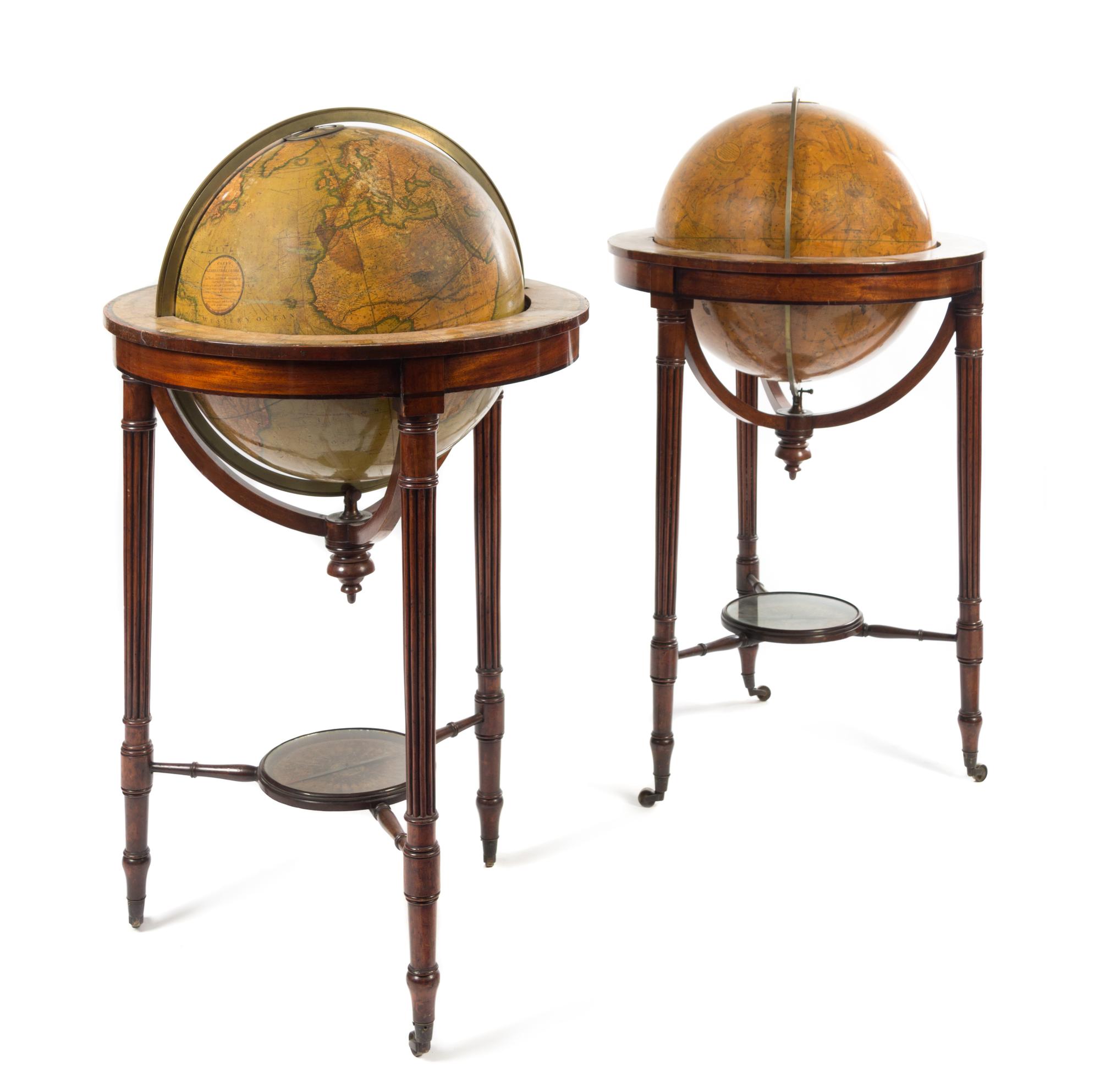A Pair of Regency Mahogany Celestial and Terrestrial Library Globes Height 44 x diameter of globes 18 inches. — CARY'S OF LONDON
