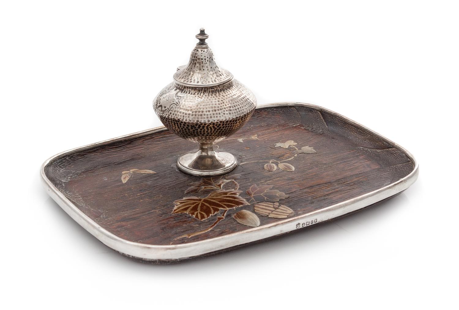 A Victorian Silver-Mounted and Polychrome Wood Standish, John & William Deakin, Sheffield, 1887, the silver-lined wood tray decorated w