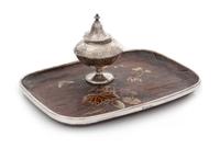 A Victorian Silver-Mounted and Polychrome Wood Standish, John & William Deakin, Sheffield, 1887, the silver-lined wood tray decorated w