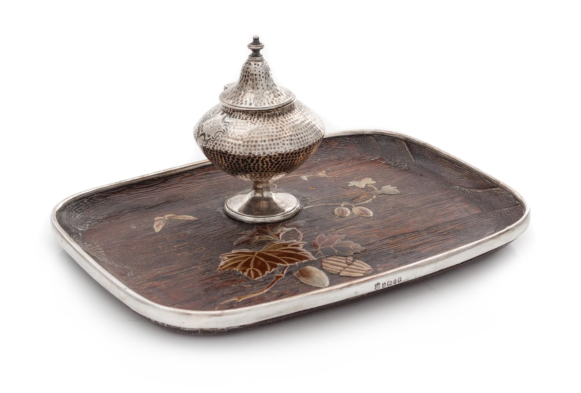 A Victorian Silver-Mounted and Polychrome Wood Standish, John & William Deakin, Sheffield, 1887, the silver-lined wood tray decorated w