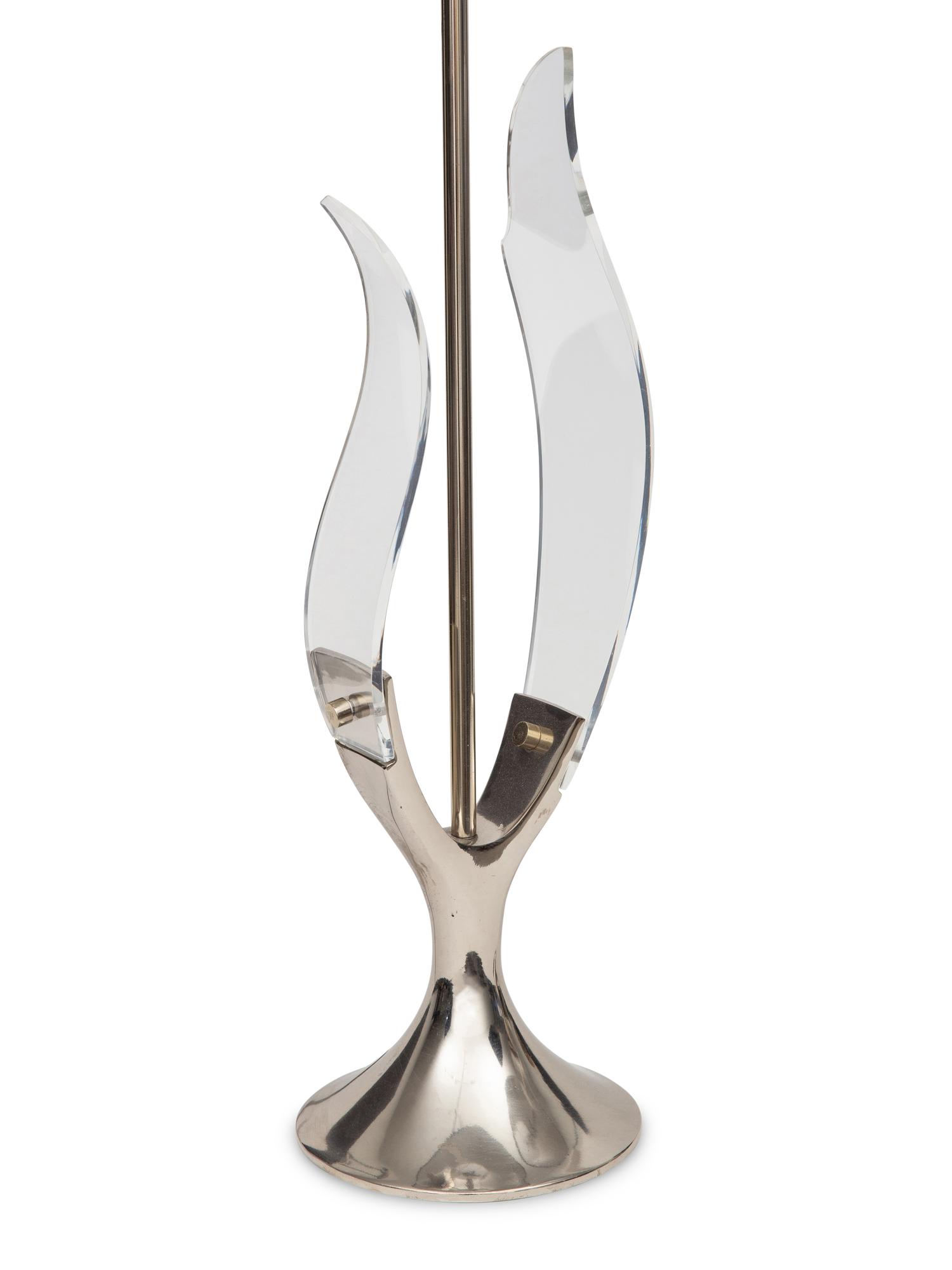 A Pair of Chrome and Acrylic Tulip Lamps with Silk Thread Shades