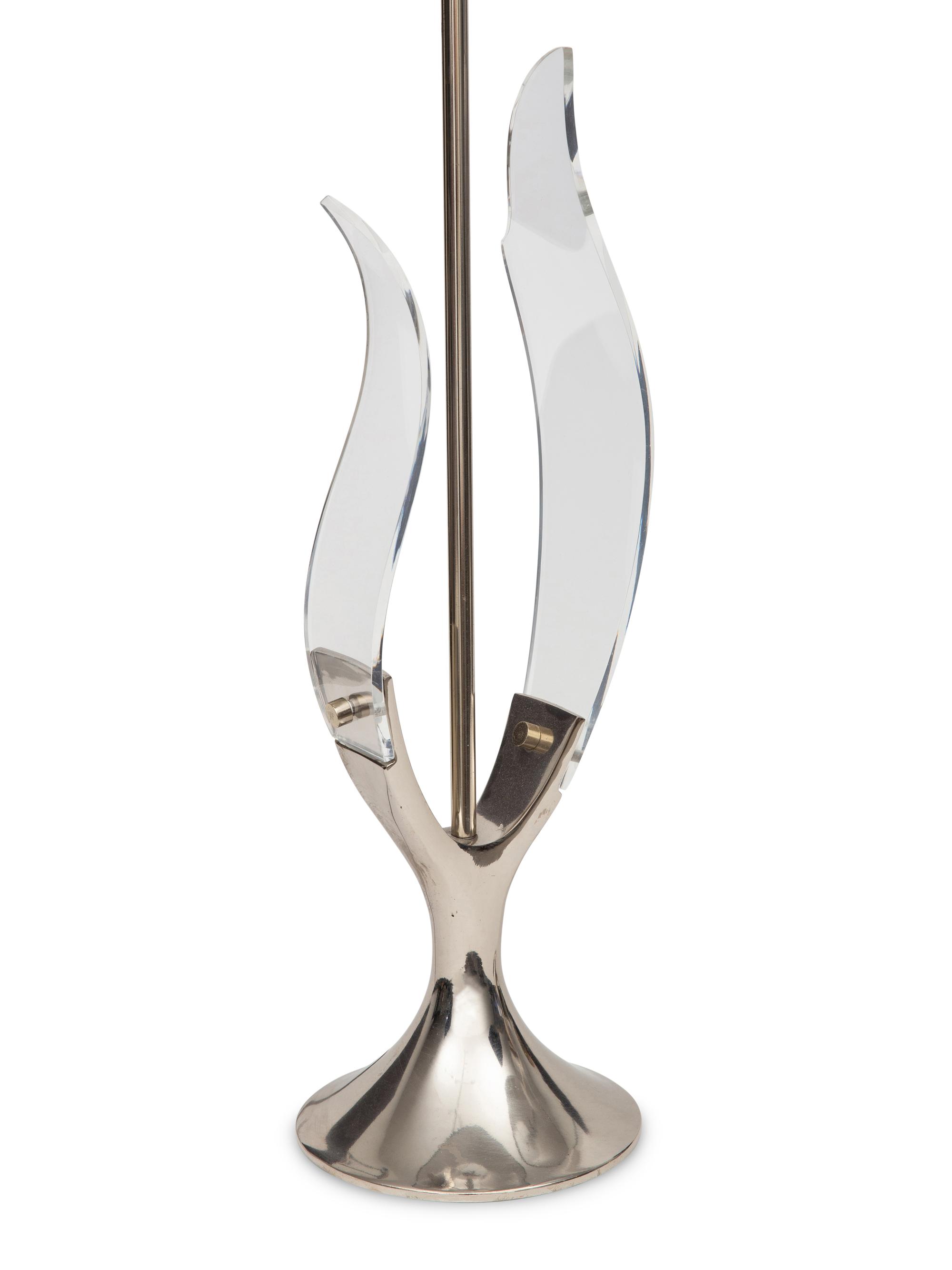 A Pair of Chrome and Acrylic Tulip Lamps with Silk Thread Shades