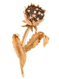 YELLOW GOLD, DIAMOND AND SAPPHIRE EN TREMBLANT FLOWER BROOCH