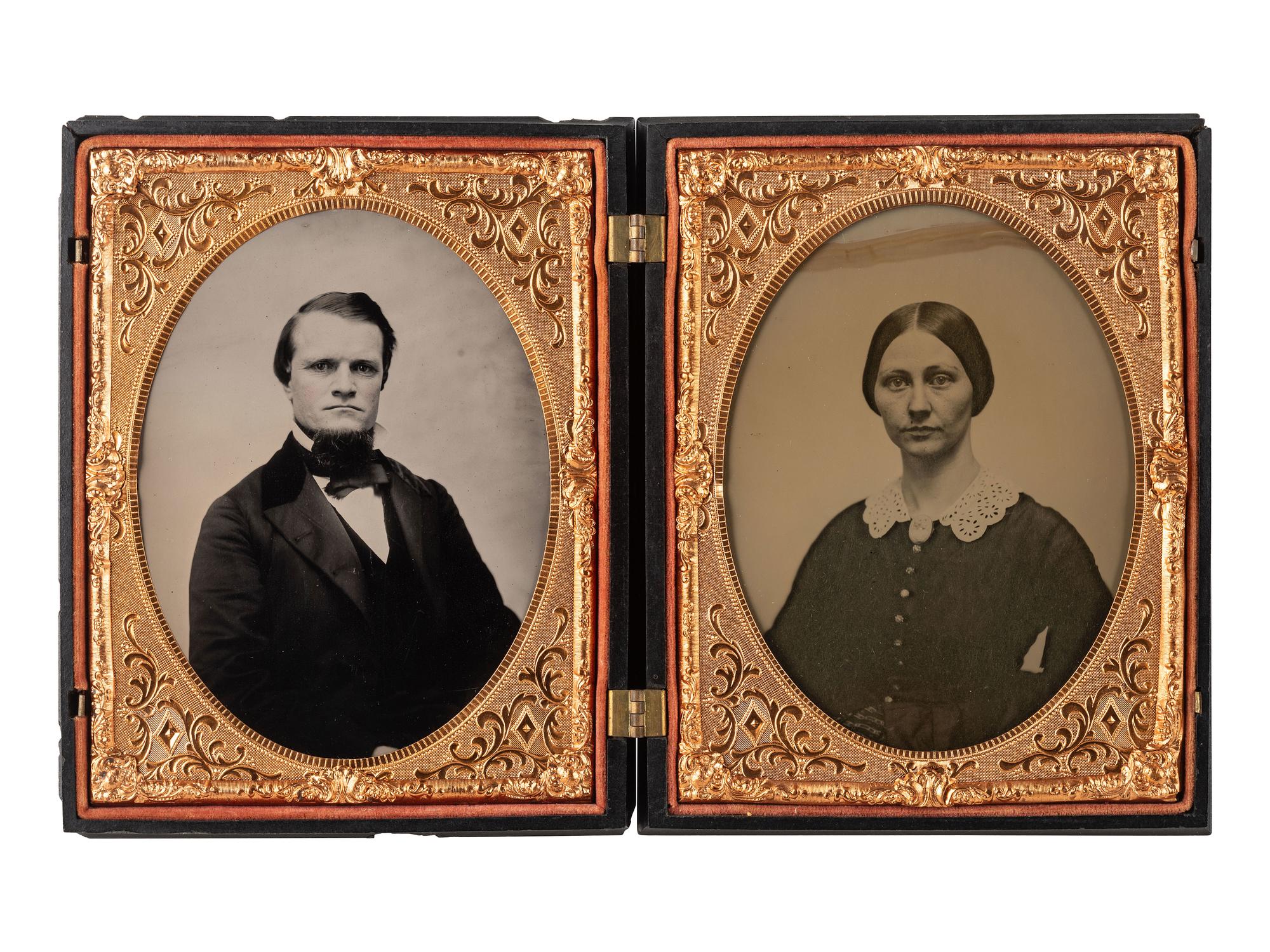 [EARLY PHOTOGRAPHY]. 3 half plate figural Union cases, one containing tintype of a wedding couple.