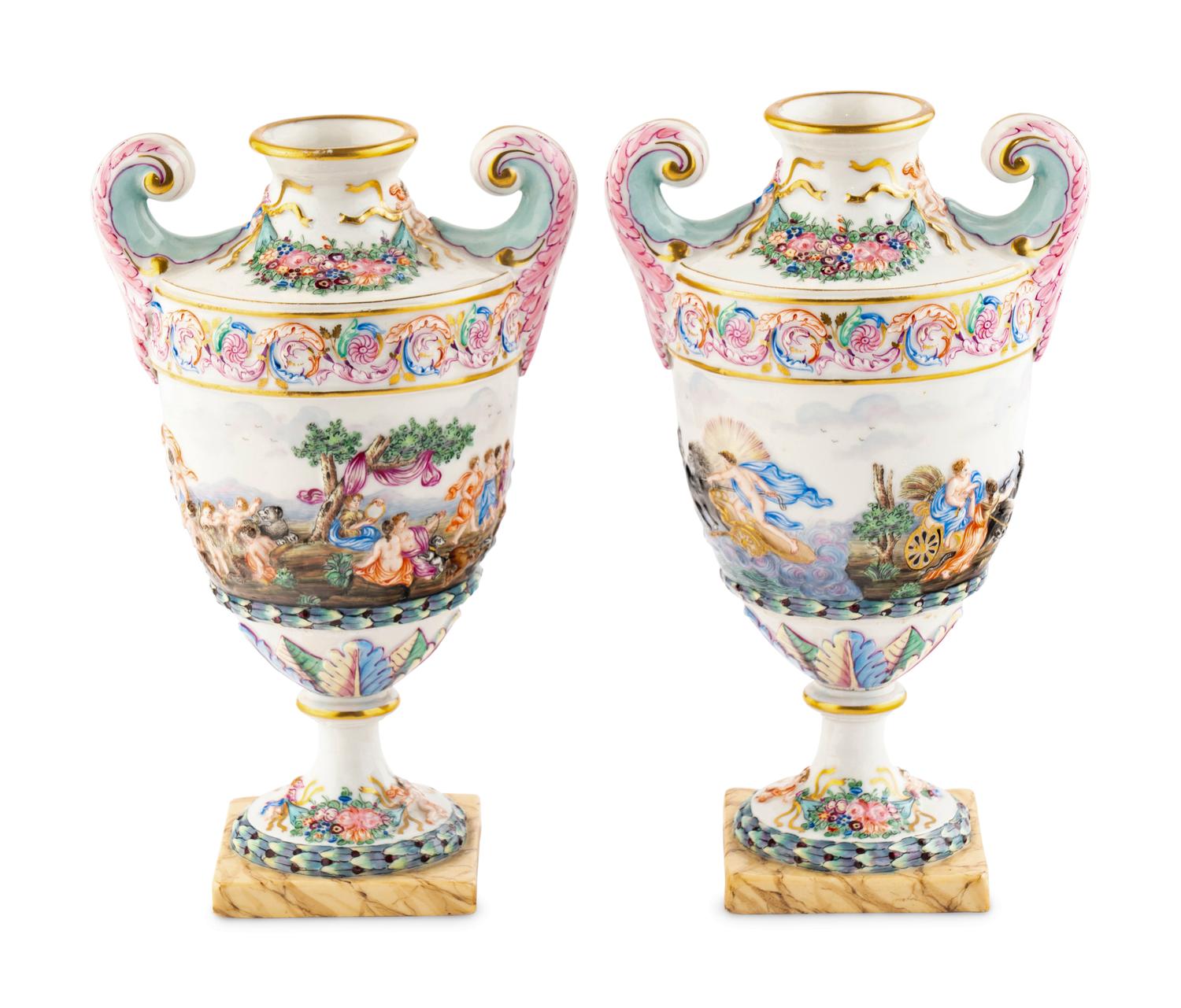 A Pair of Capodimonte Style Urns