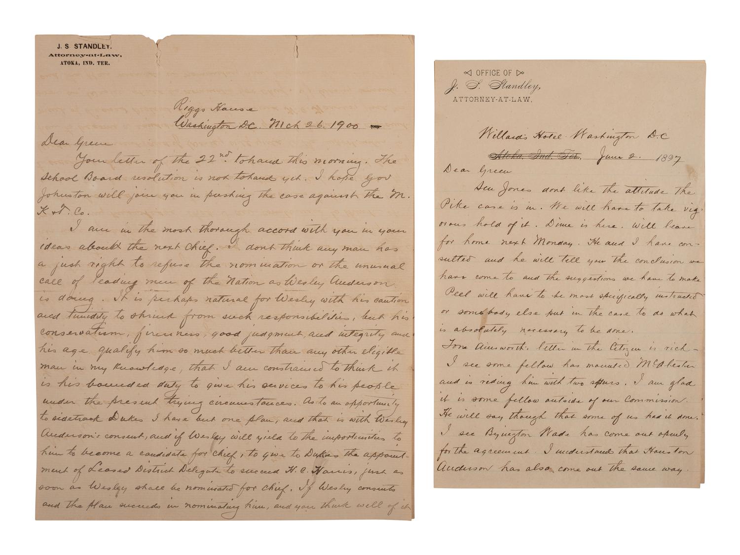 [NATIVE AMERICAN]. Letters from attorney and Confederate veteran James S. Standley to Chief Green McCurtain regarding Choctaw Nation politics.