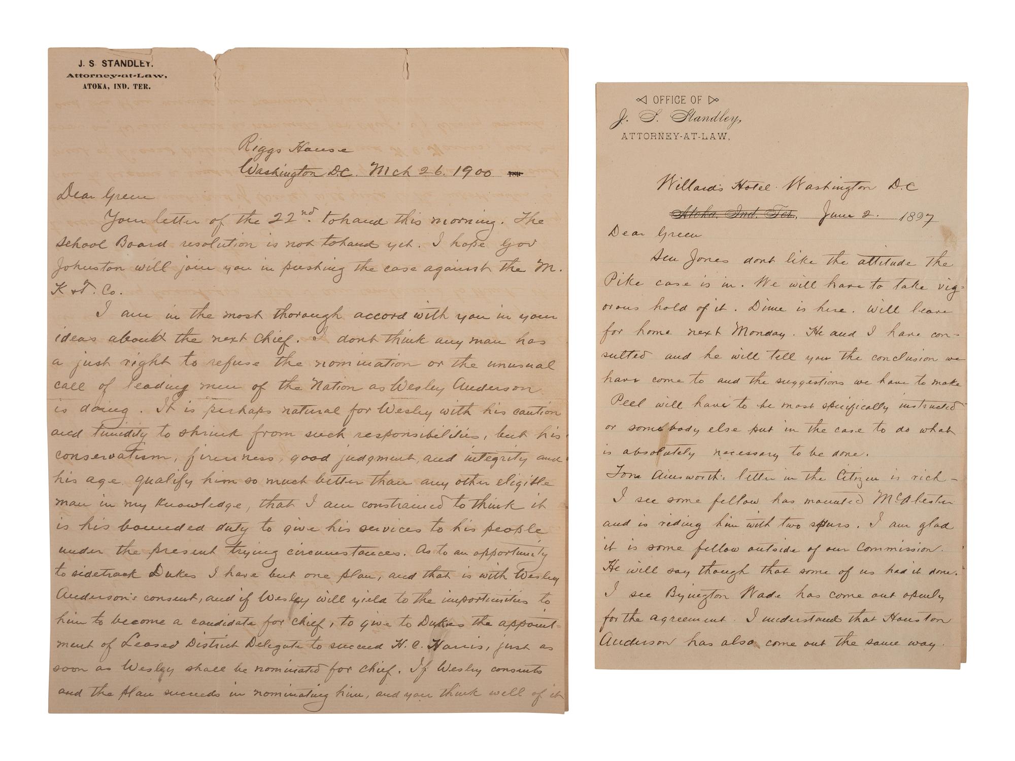 [NATIVE AMERICAN]. Letters from attorney and Confederate veteran James S. Standley to Chief Green McCurtain regarding Choctaw Nation politics.