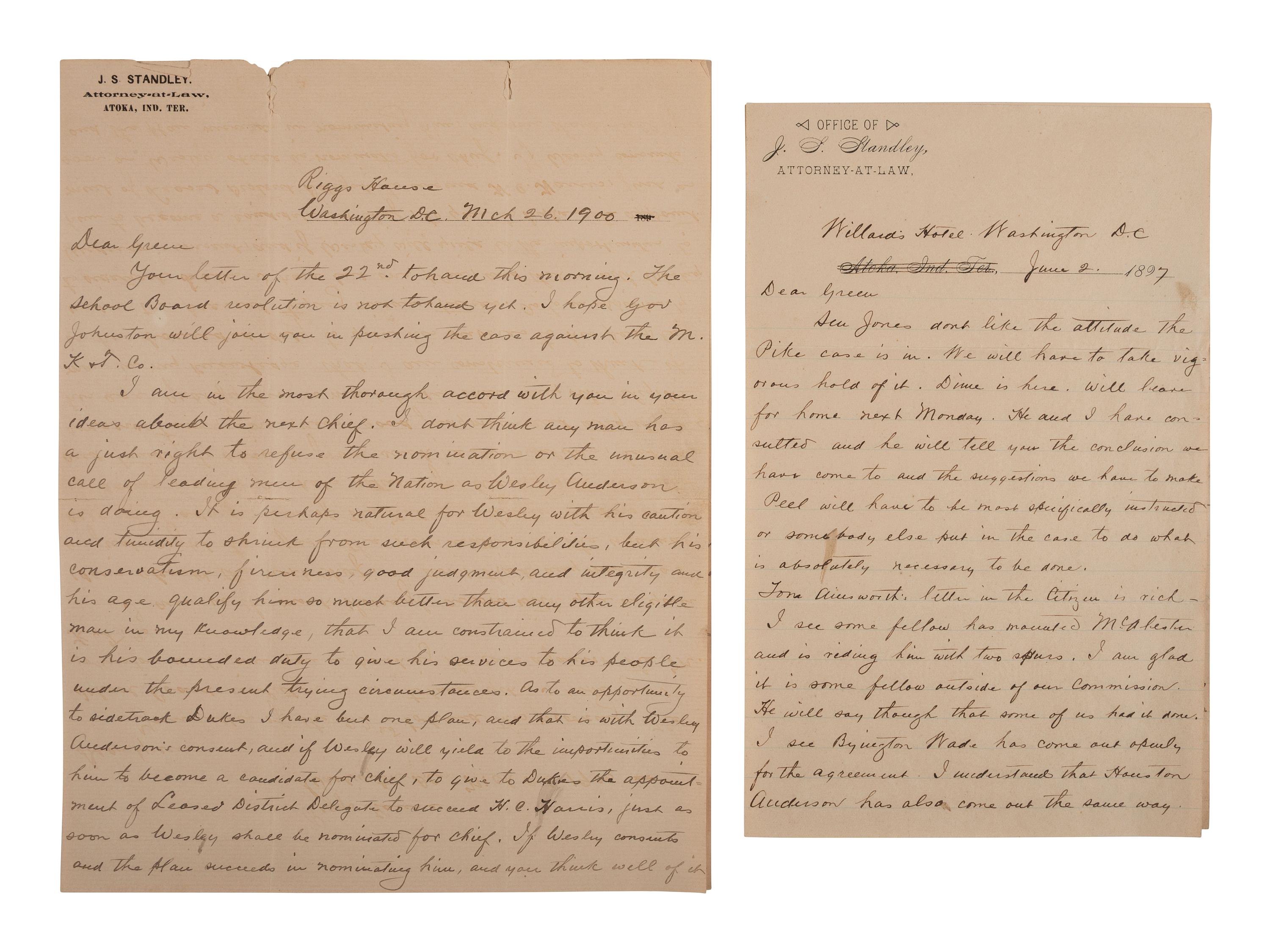 [NATIVE AMERICAN]. Letters from attorney and Confederate veteran James S. Standley to Chief Green McCurtain regarding Choctaw Nation politics.