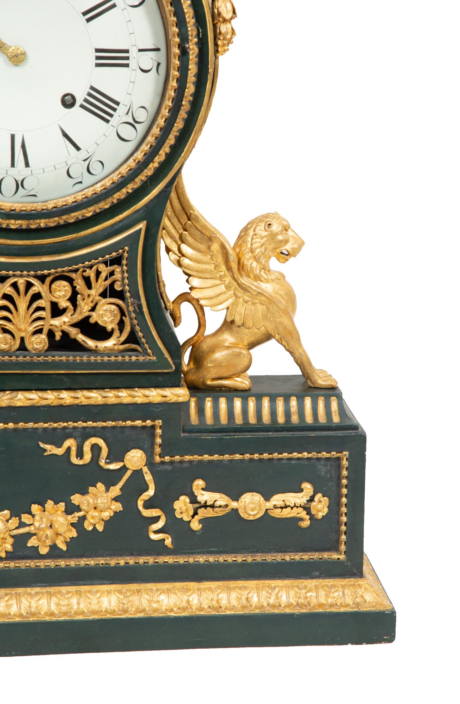 A Swiss Green Painted and Parcel Gilt Mantel Clock