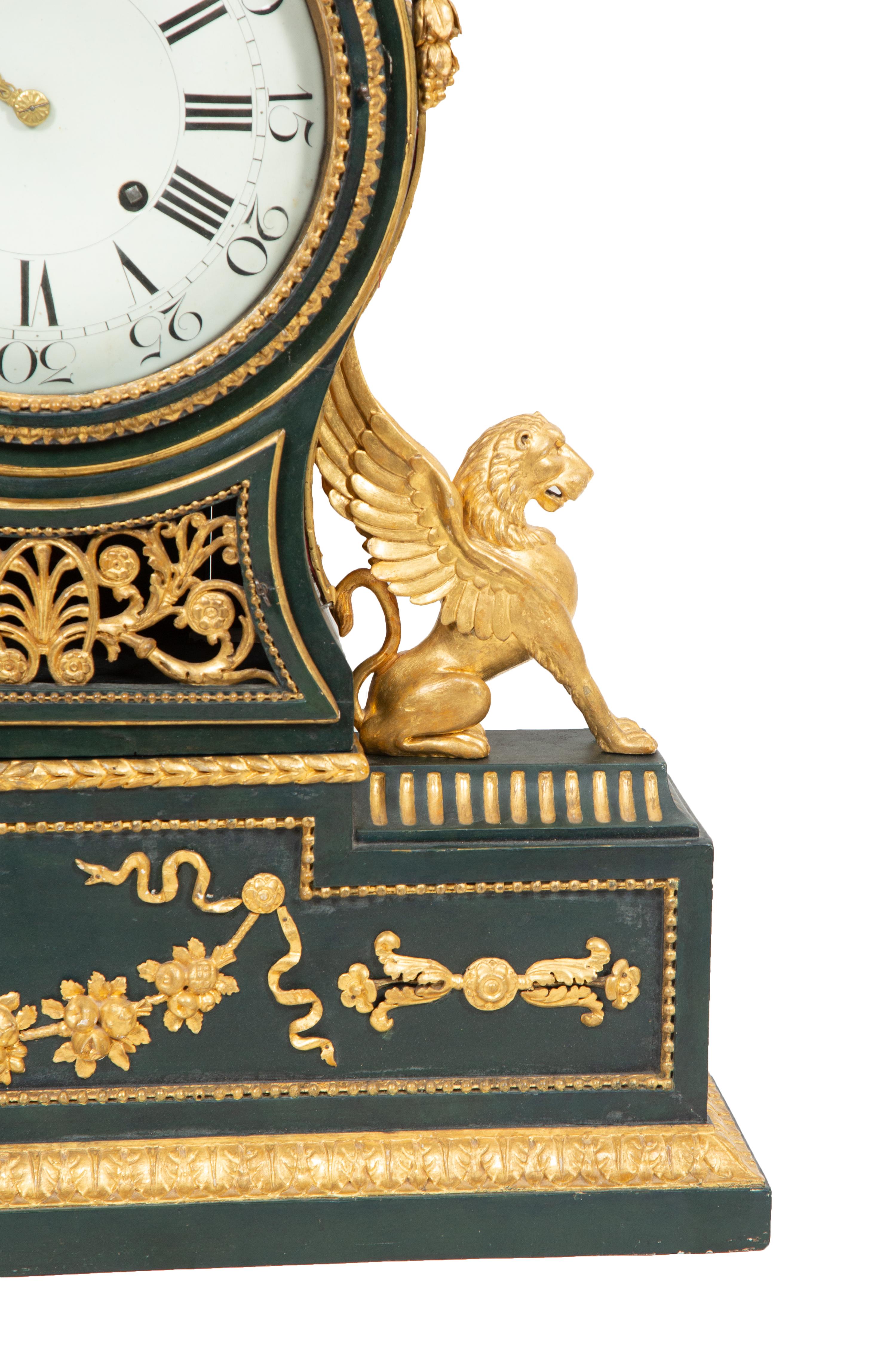 A Swiss Green Painted and Parcel Gilt Mantel Clock