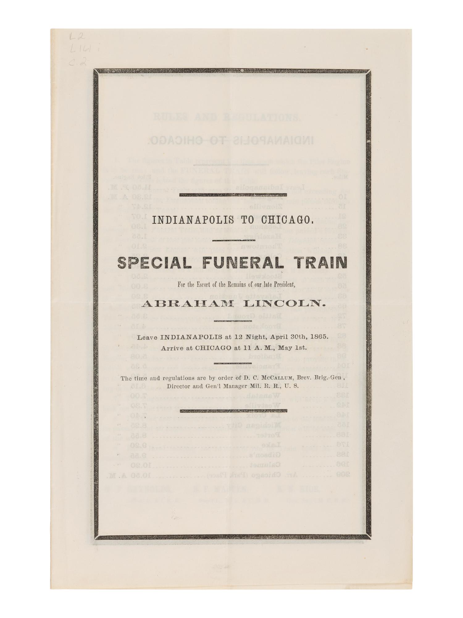 [LINCOLN FUNERAL]. A group of 3 funeral train schedules, comprising: