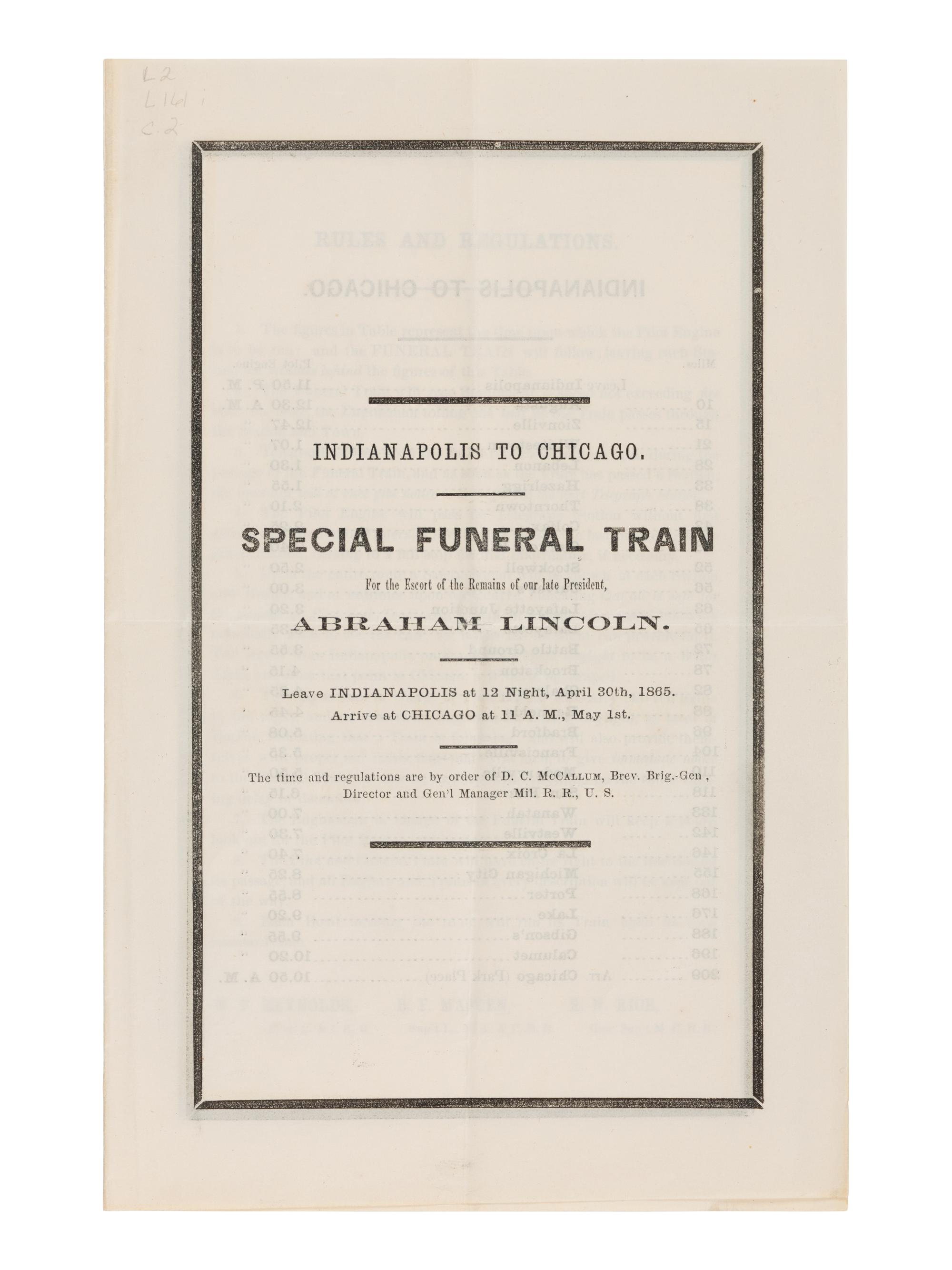 [LINCOLN FUNERAL]. A group of 3 funeral train schedules, comprising: