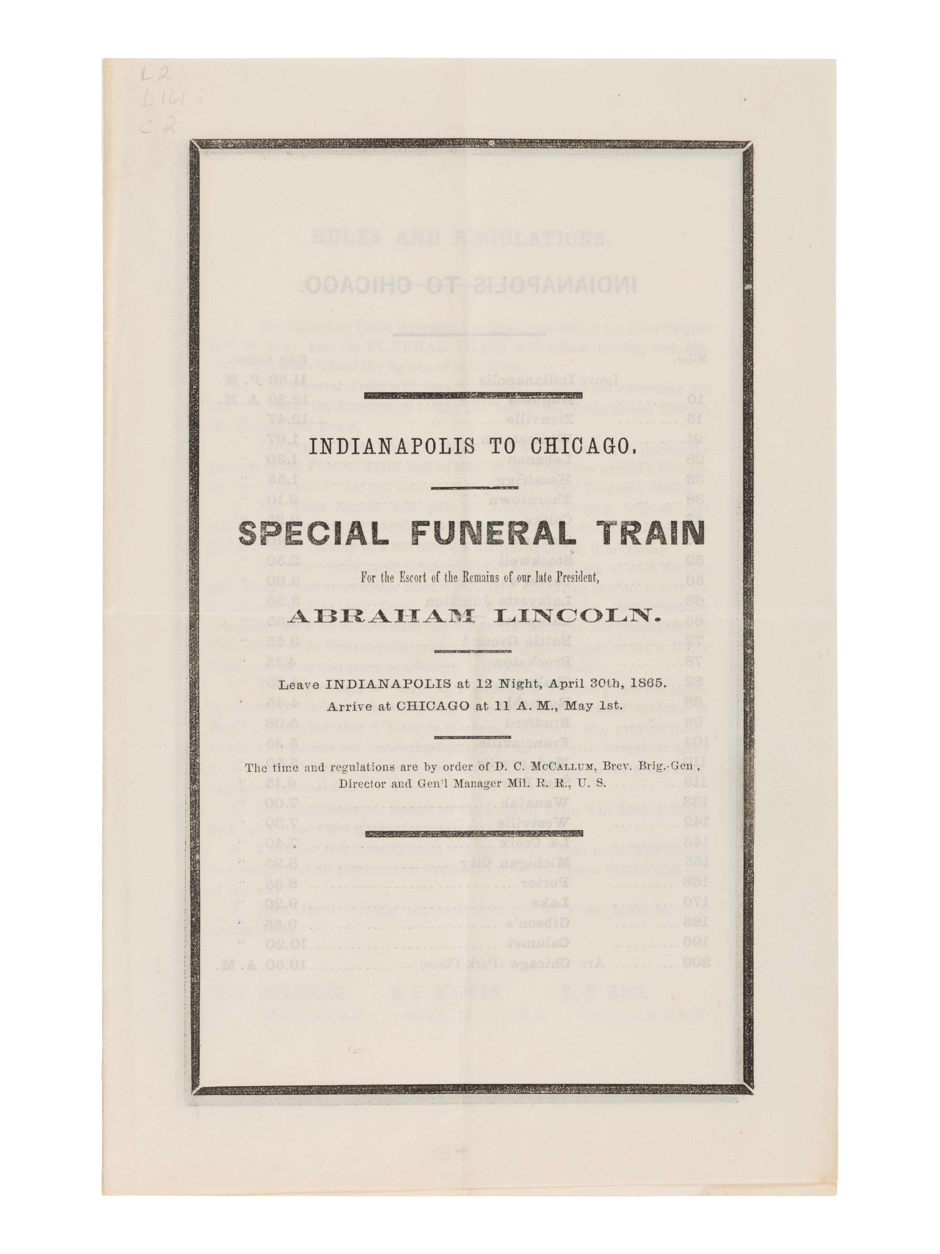 [LINCOLN FUNERAL]. A group of 3 funeral train schedules, comprising: