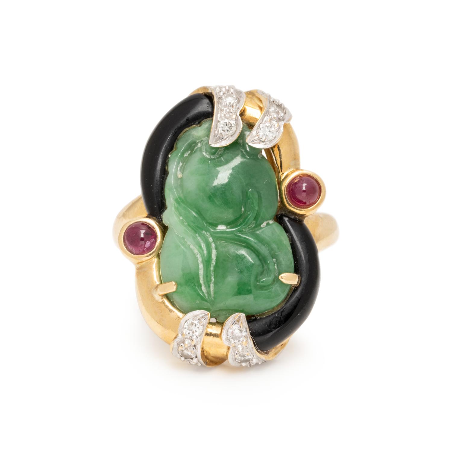 JADE, ONYX, RUBY, AND DIAMOND RING