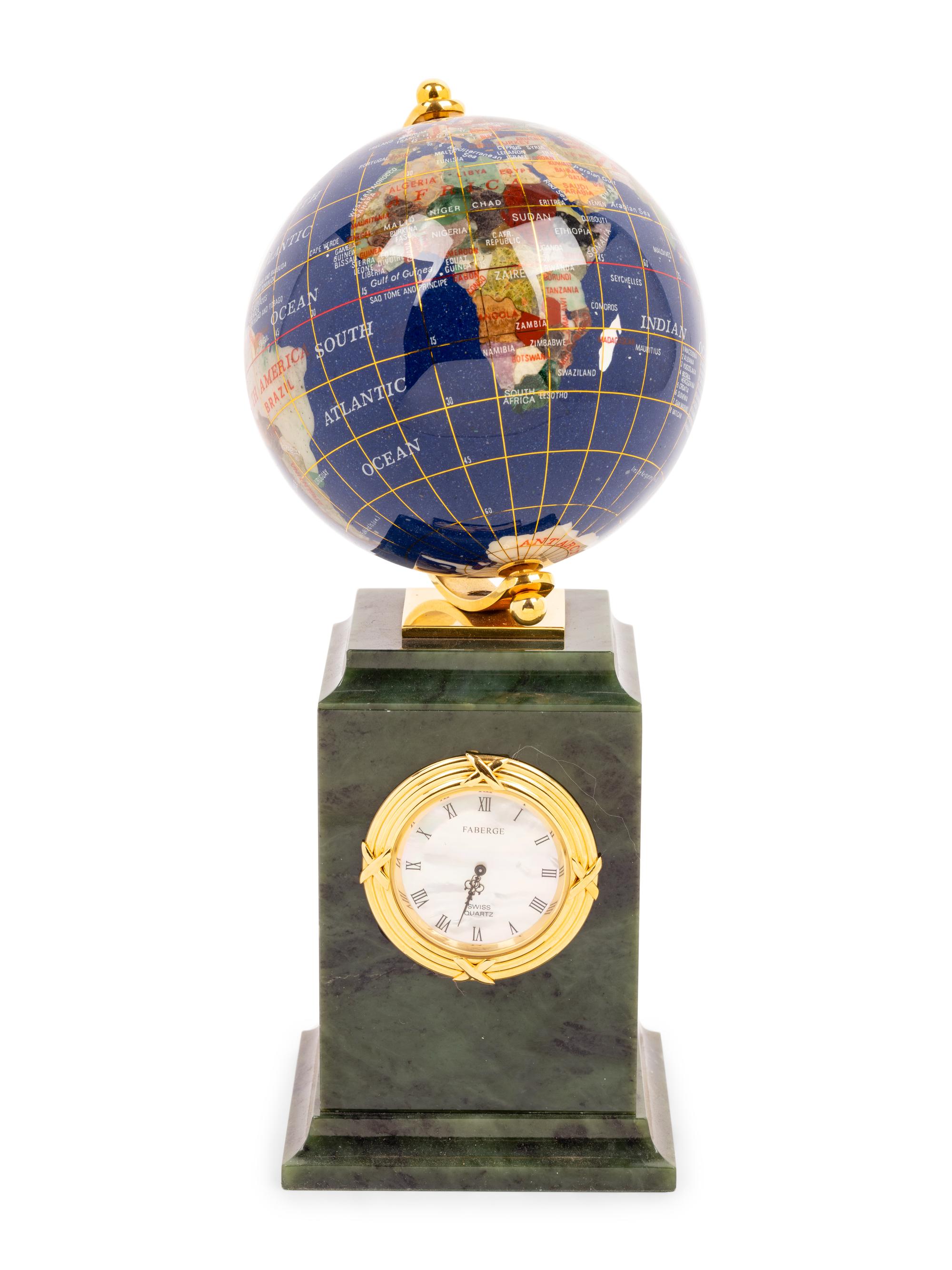 A Tatiana Fabergé Jadeite and Enamel Globe Clock