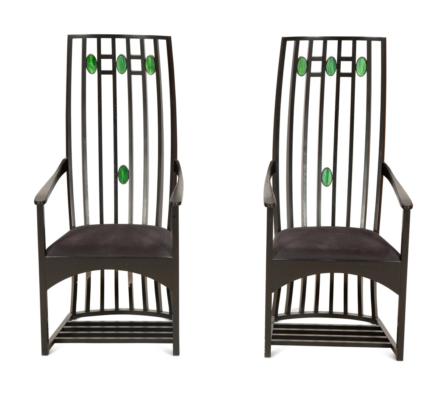 A Pair of Ebonized Highback Armchairs After Charles Rennie MackIntosh — Late 20th Century