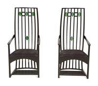 A Pair of Ebonized Highback Armchairs After Charles Rennie MackIntosh — Late 20th Century