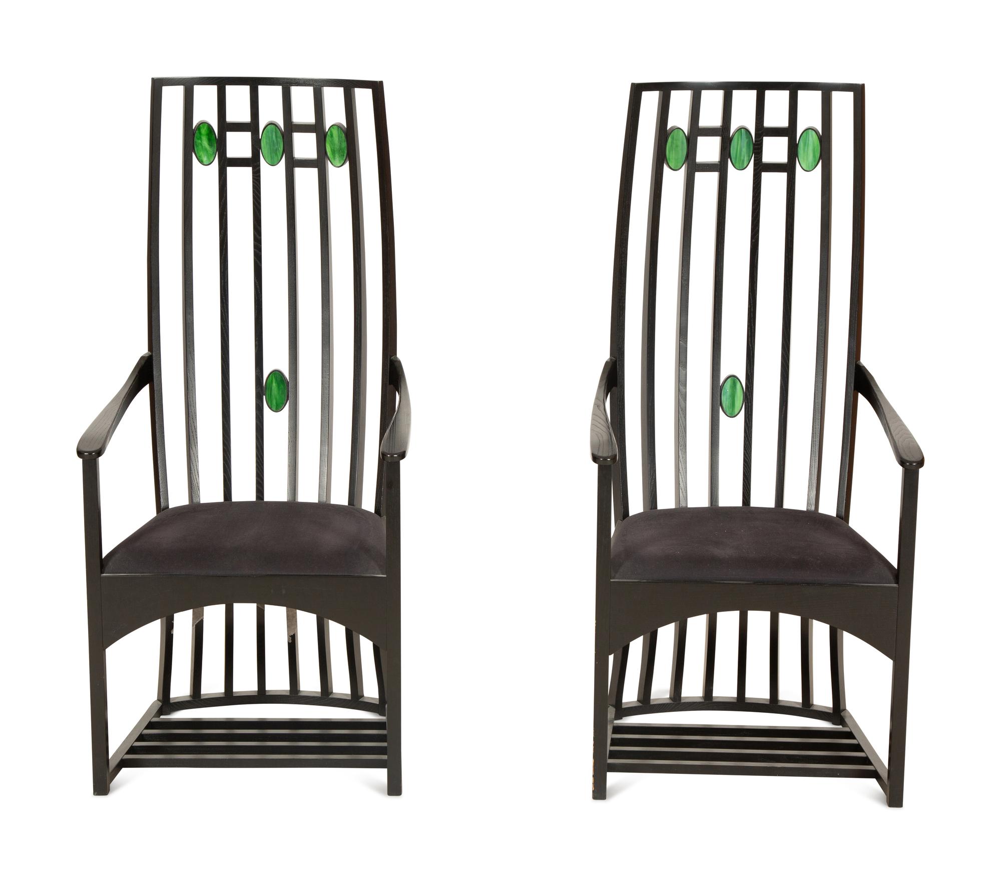 A Pair of Ebonized Highback Armchairs After Charles Rennie MackIntosh — Late 20th Century
