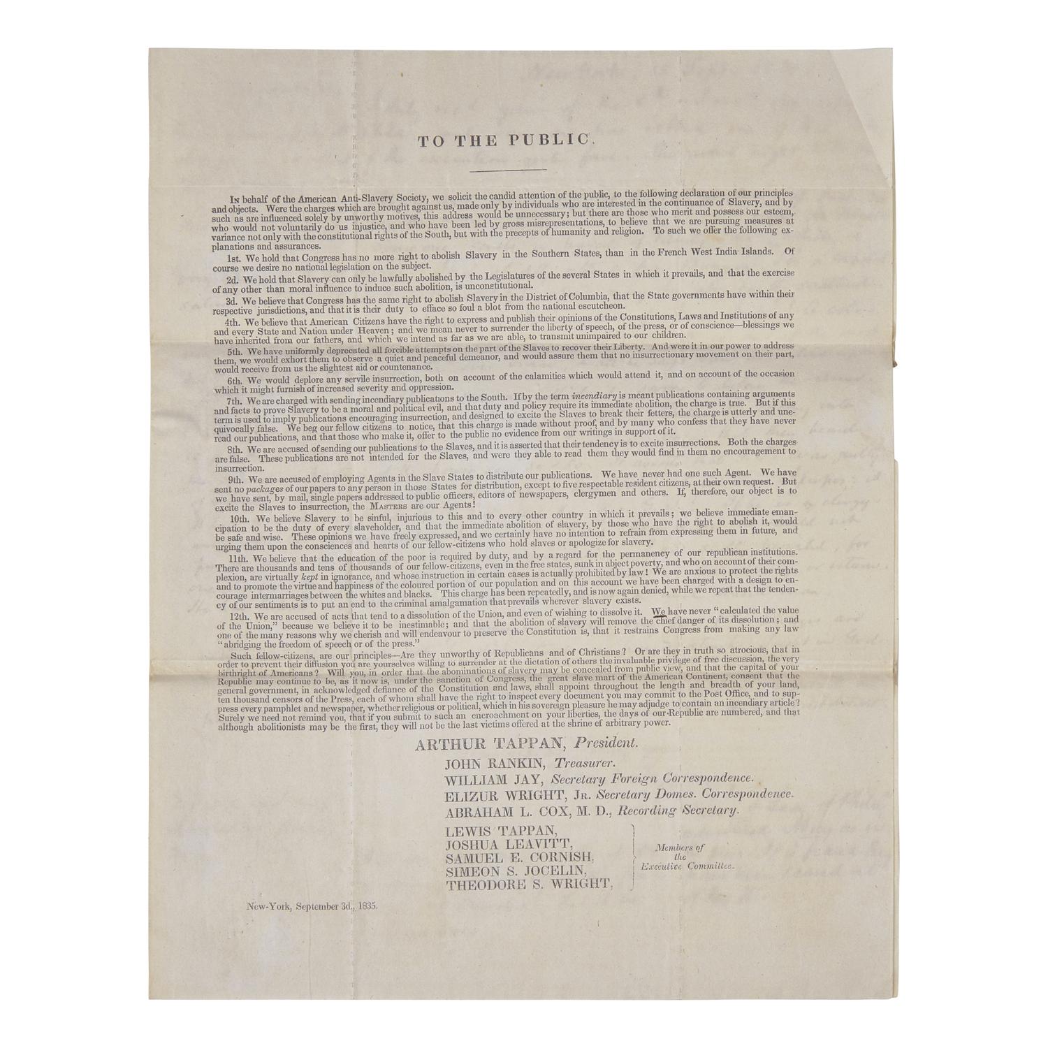 [African Americana] Tappan, Lewis. Autograph Letter, signed on Printed Circular of the American Anti-Slavery Society