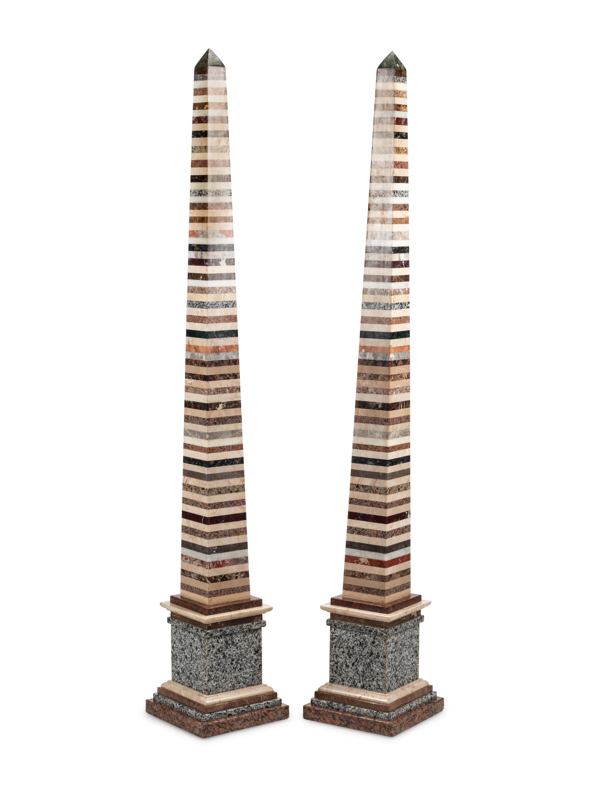 A Pair of Large Grand Tour Style Specimen Marble Obelisks