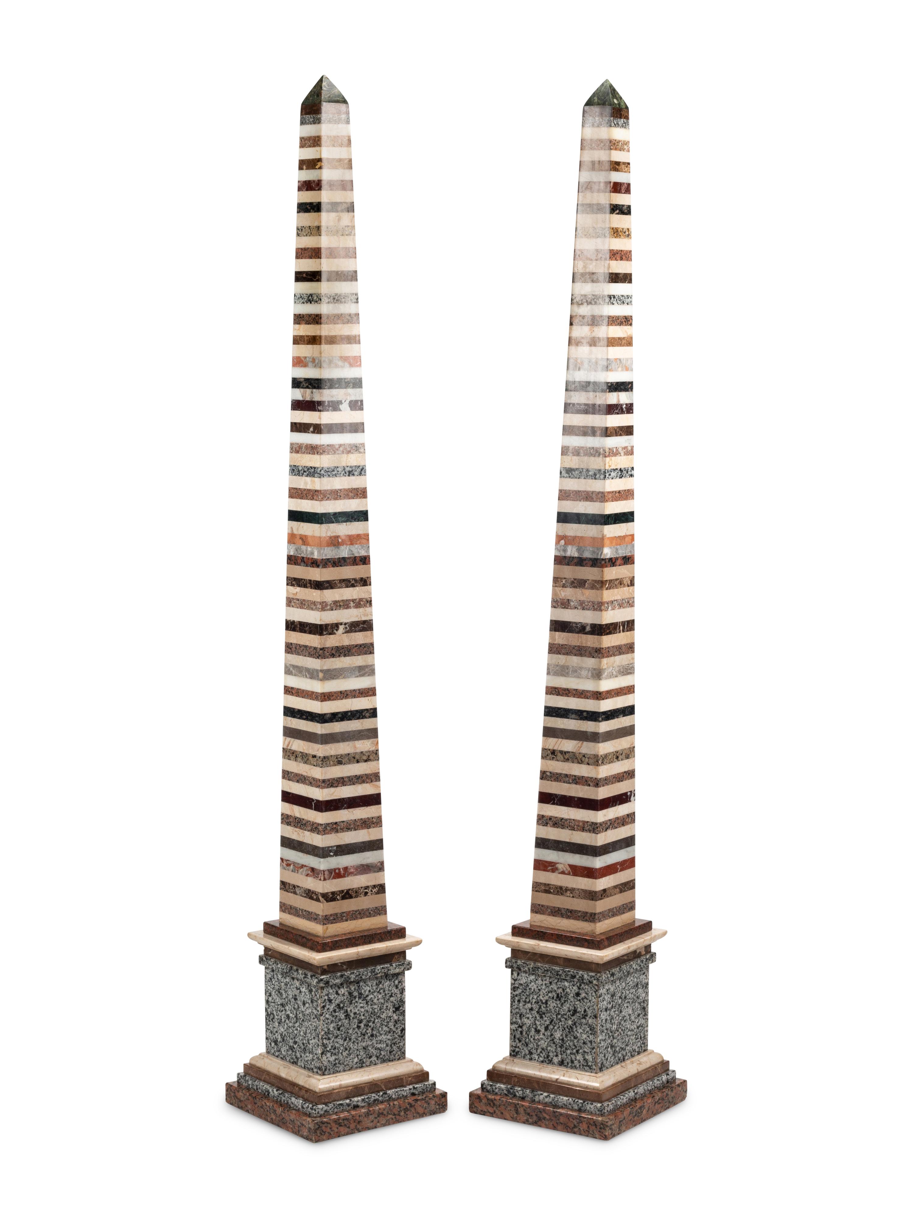 A Pair of Large Grand Tour Style Specimen Marble Obelisks