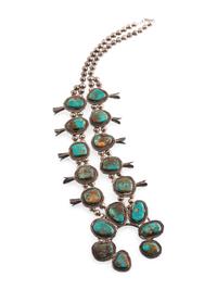 Navajo Silver and Royston Turquoise Squash Blossom Necklace