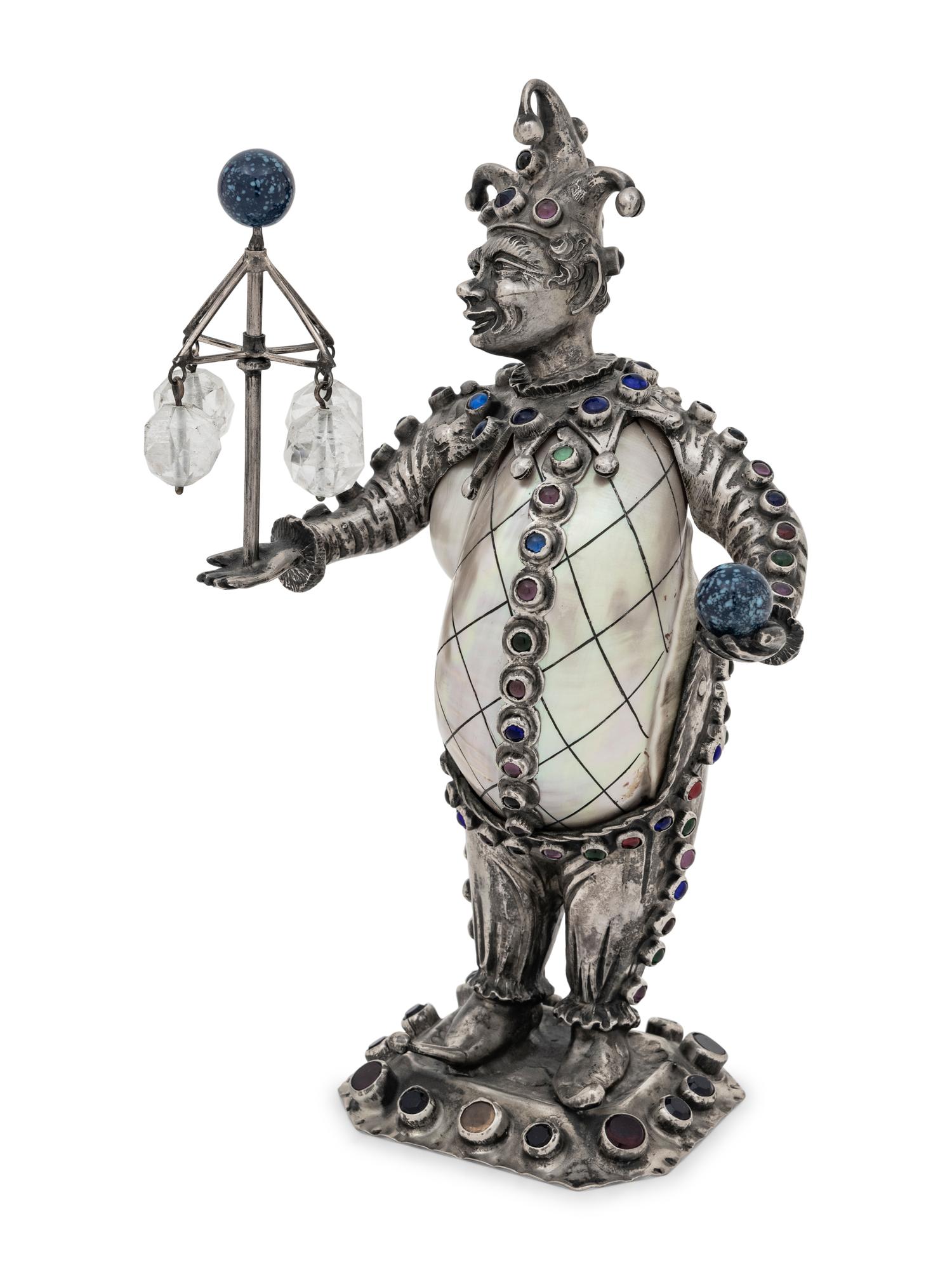 A German Silver and Jewel-Mounted Shell Figure of a Jester