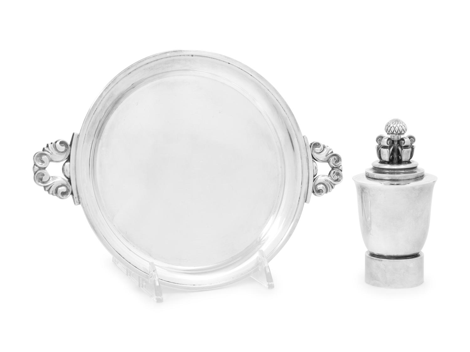 A Johan Rohde for Georg Jensen Silver Acorn Pattern Pepper Mill and Underplate