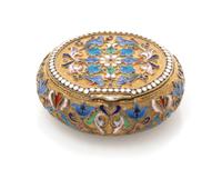 A Russian Silver and Enamel Snuff Box, Mark of Ivan Saltykov, assay mark of Anatoly Artsybashev, Moscow, 1895, of circular form, having