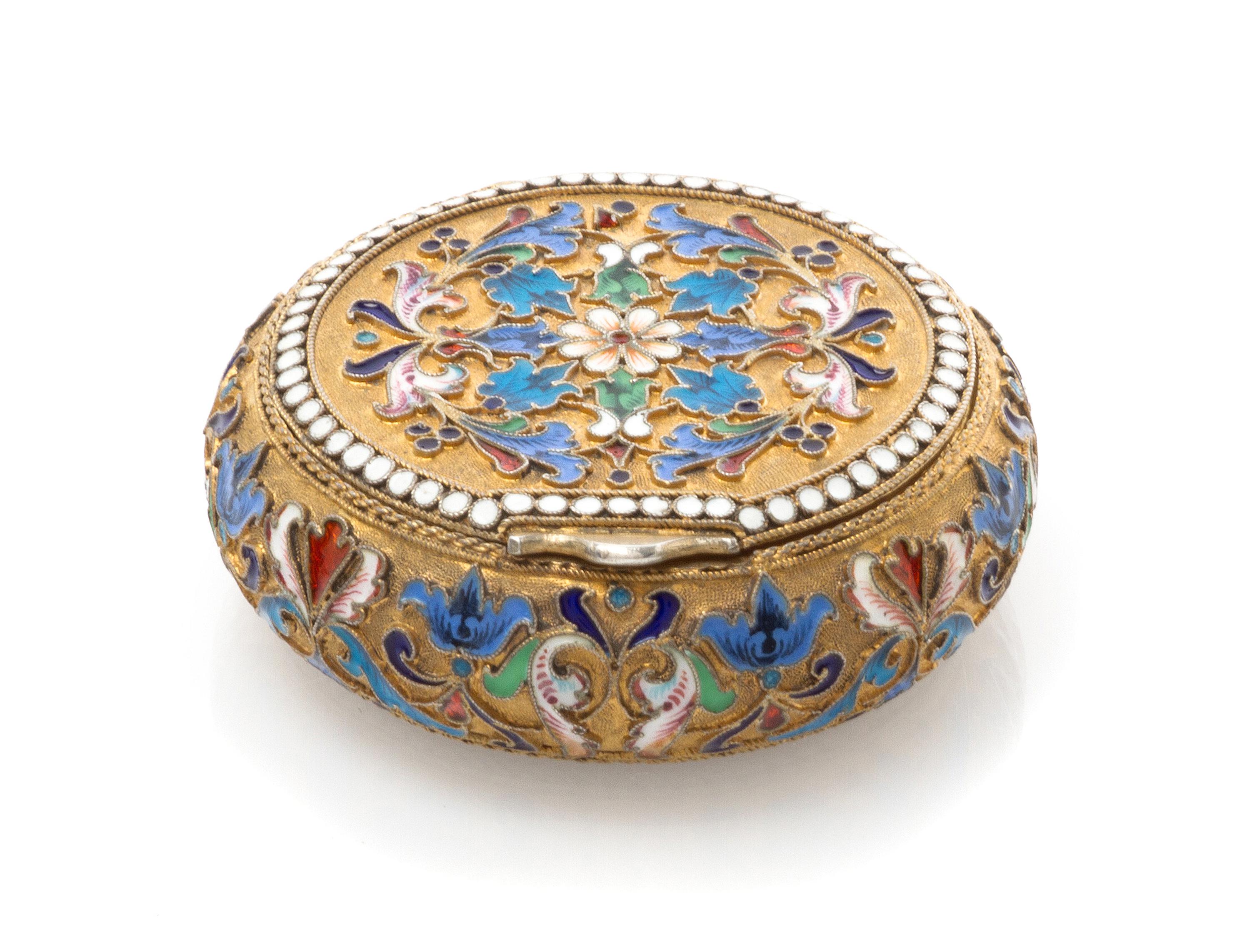 A Russian Silver and Enamel Snuff Box, Mark of Ivan Saltykov, assay mark of Anatoly Artsybashev, Moscow, 1895, of circular form, having