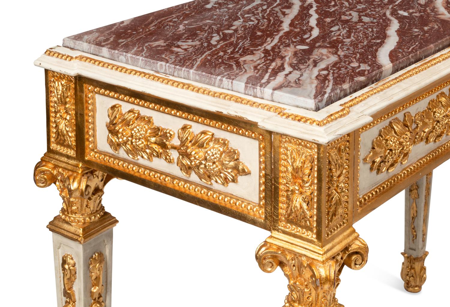 A Pair of Italian Neoclassical Style Painted and Parcel Gilt Console Tables