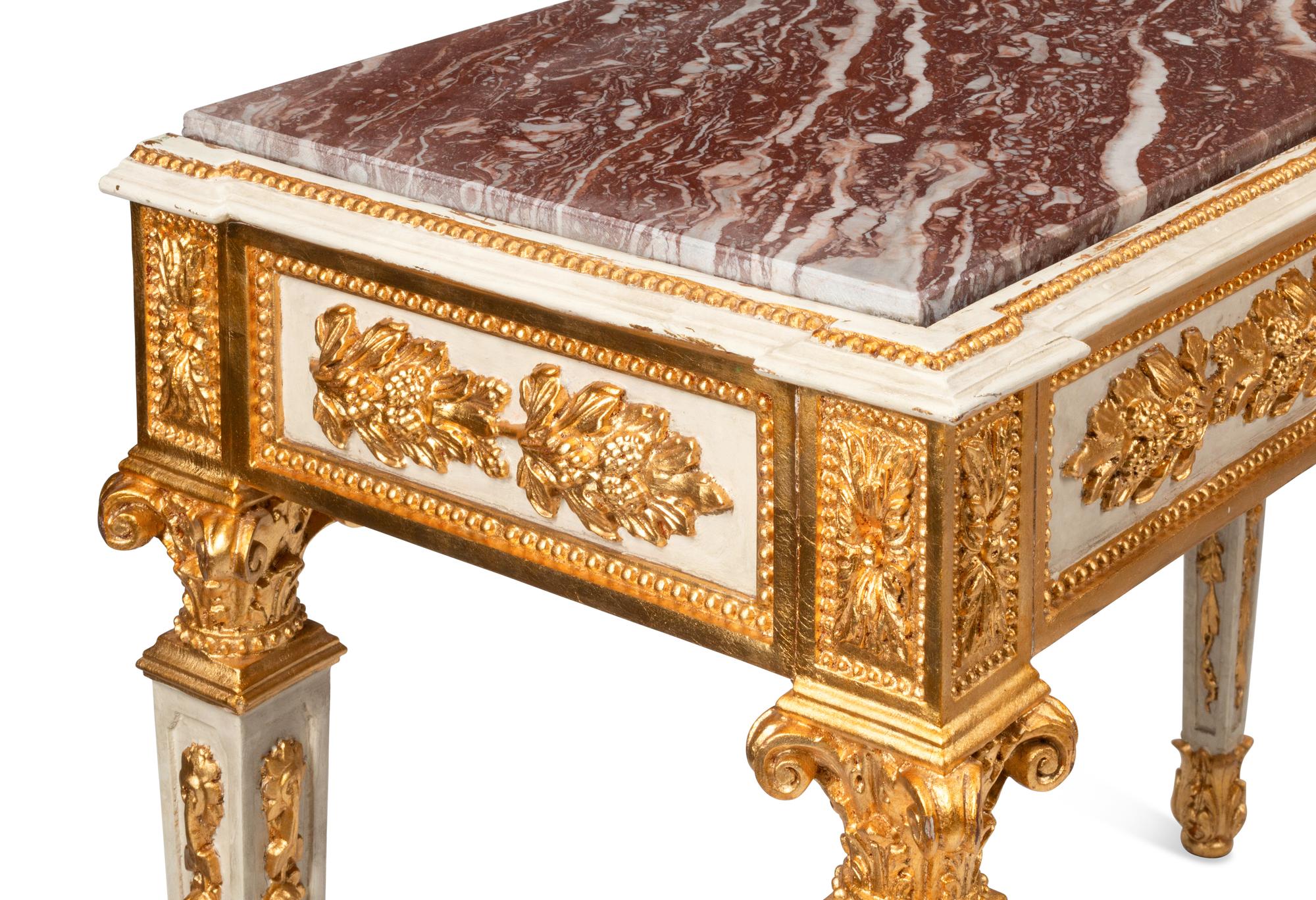 A Pair of Italian Neoclassical Style Painted and Parcel Gilt Console Tables