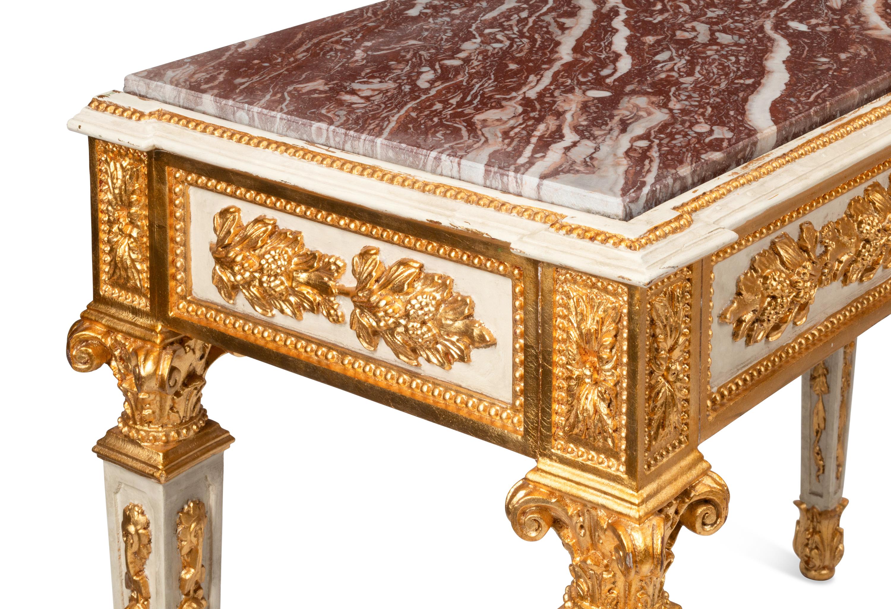 A Pair of Italian Neoclassical Style Painted and Parcel Gilt Console Tables