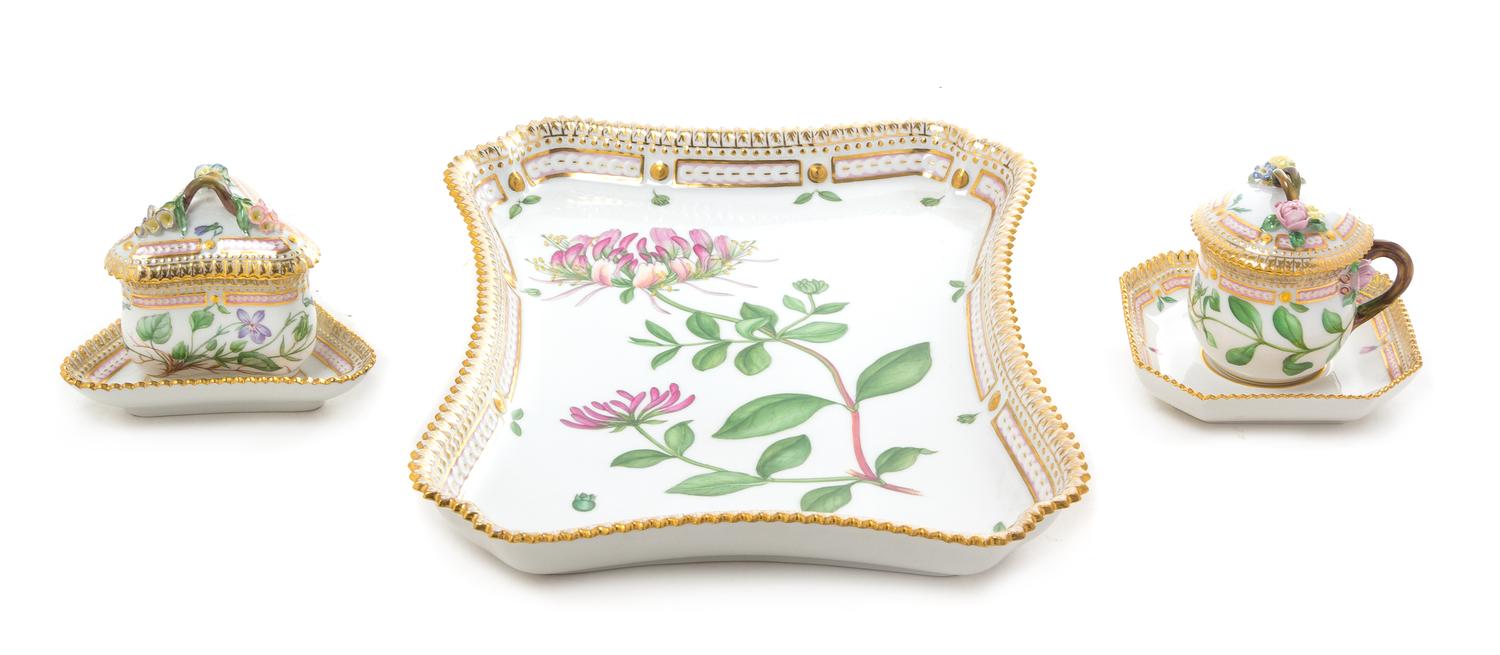 Three Royal Copenhagen Flora Danica Porcelain Table Articles Width of tray 11 3/4 inches. — 20TH CENTURY