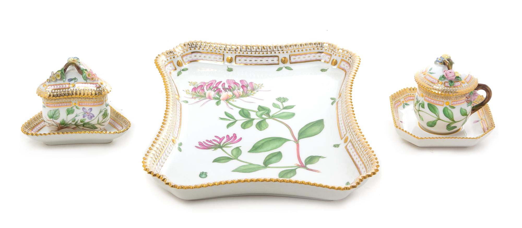Three Royal Copenhagen Flora Danica Porcelain Table Articles Width of tray 11 3/4 inches. — 20TH CENTURY