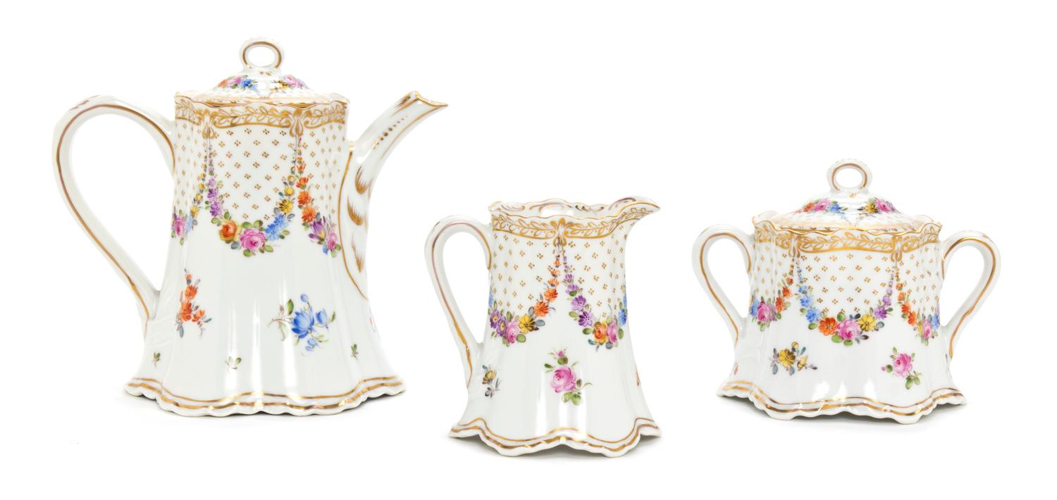 A Dresden Porcelain Partial Tea Service, Height of teapot 5 inches.