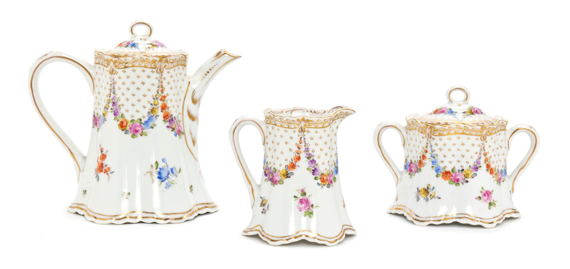 A Dresden Porcelain Partial Tea Service, Height of teapot 5 inches.