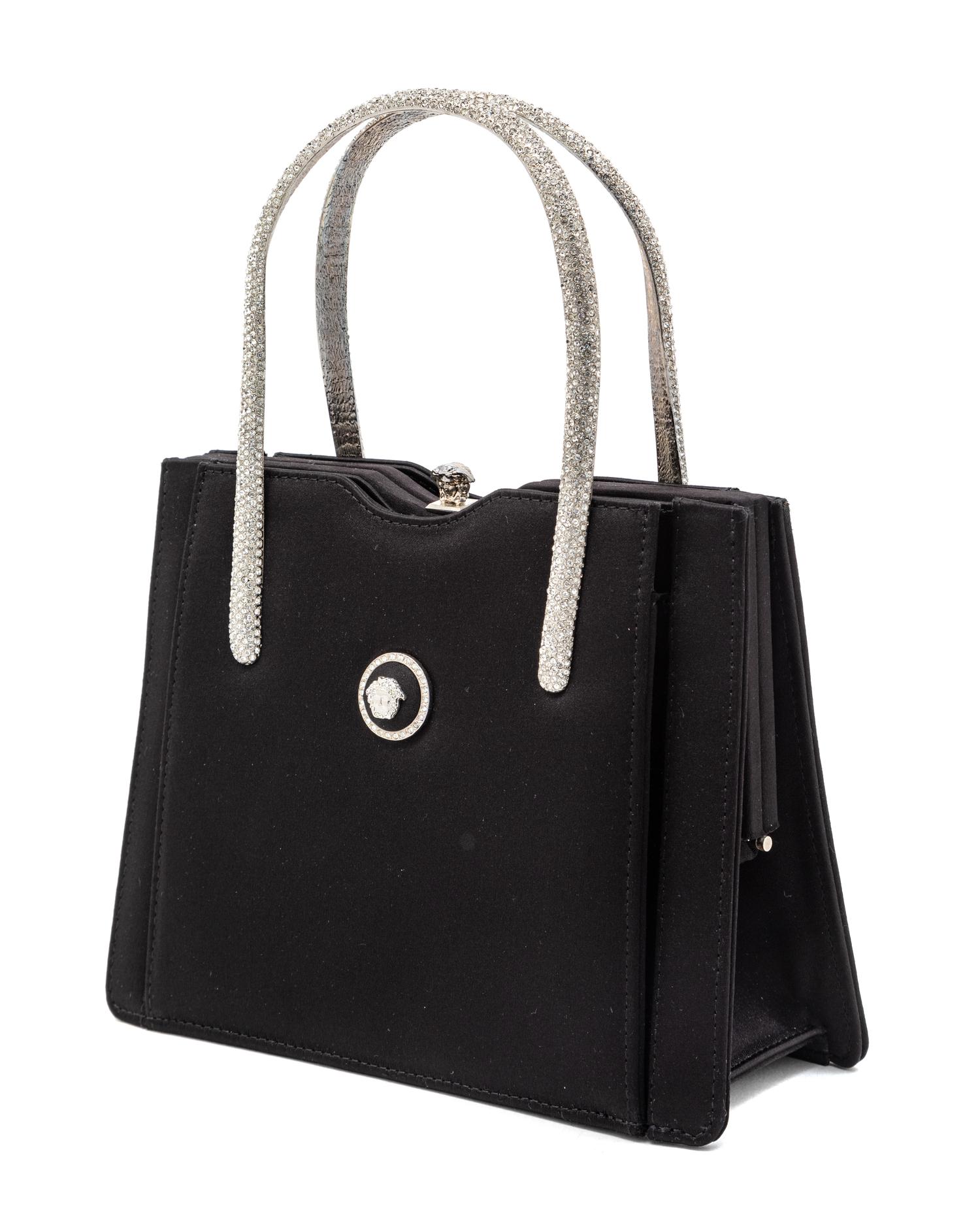 Gianni Versace Couture Black Handbag with Medallion Medusa and Silvertone Handles, 1990s
