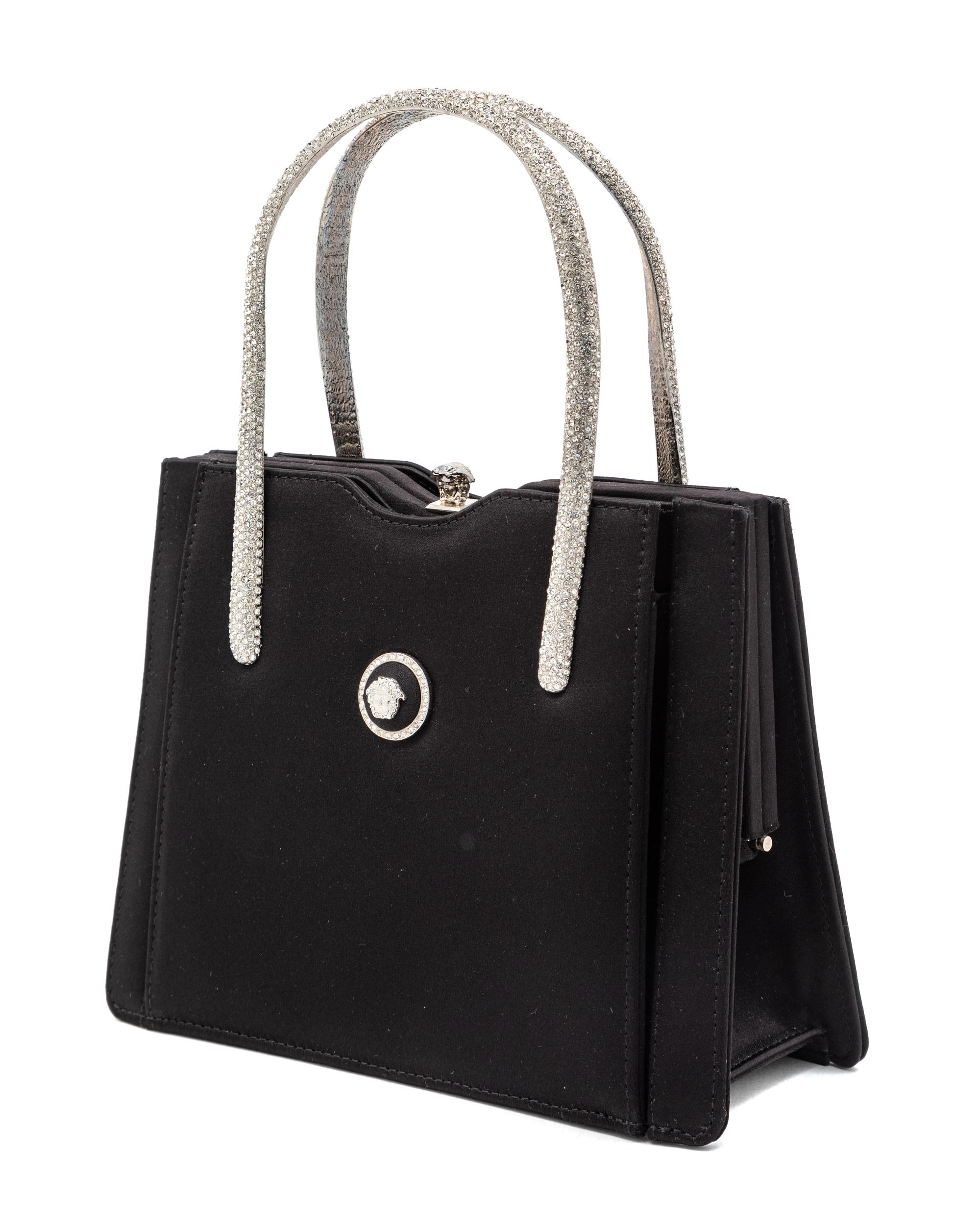 Gianni Versace Couture Black Handbag with Medallion Medusa and Silvertone Handles, 1990s