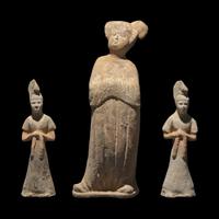 Three Chinese Pottery Figures of Court Ladies, Possibly Tang Dynasty 或 為 唐 彩陶侍女俑三尊