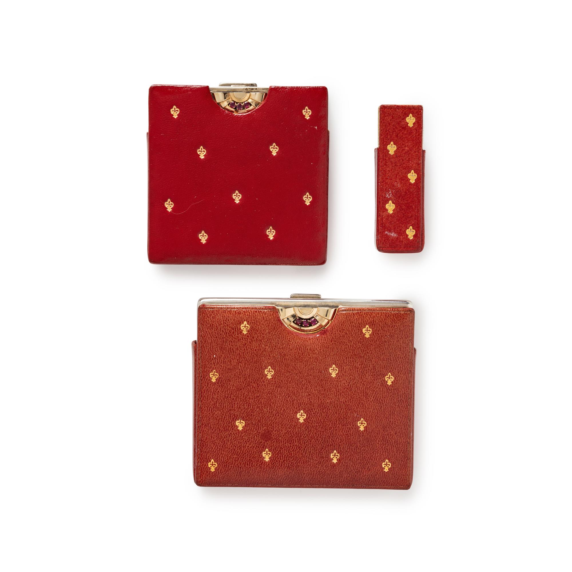 ART DECO, SET OF YELLOW GOLD, STERLING SILVER AND RUBY CASES
