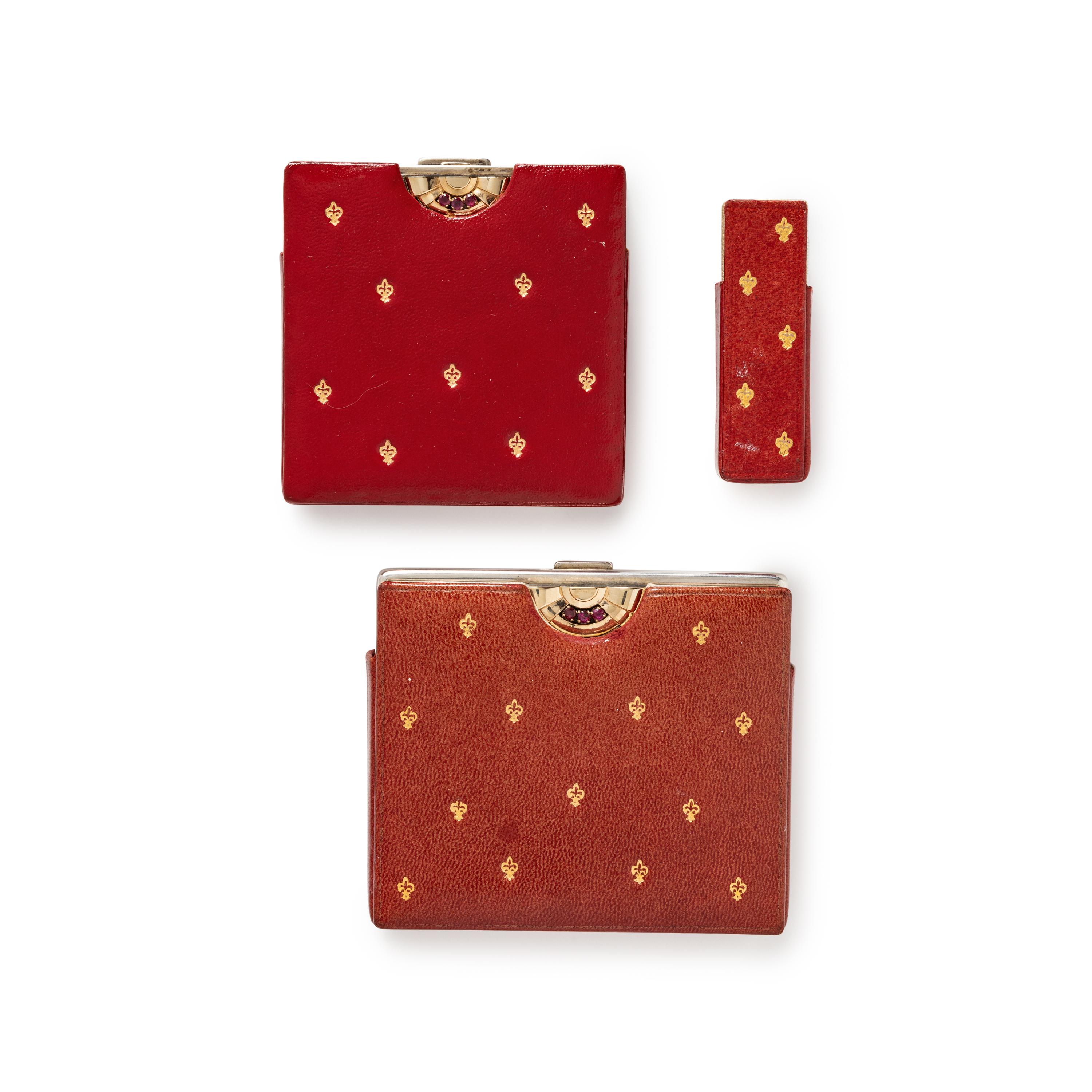 ART DECO, SET OF YELLOW GOLD, STERLING SILVER AND RUBY CASES