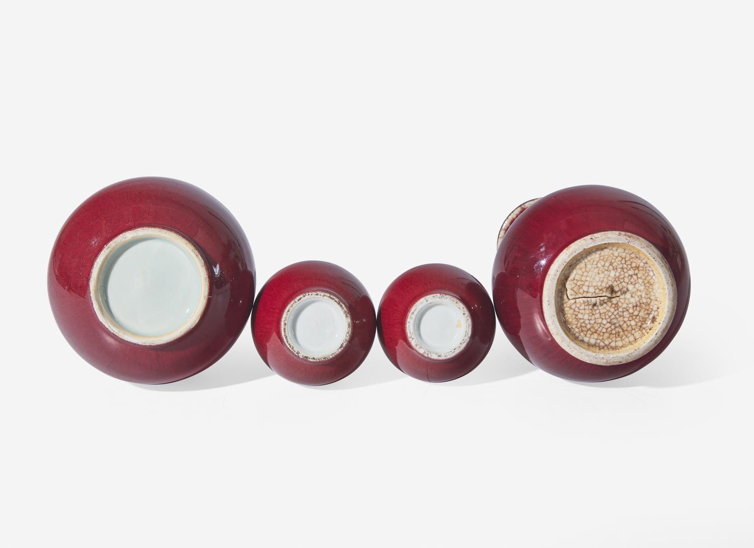 Four Copper-Red Glazed Porcelain Vases
