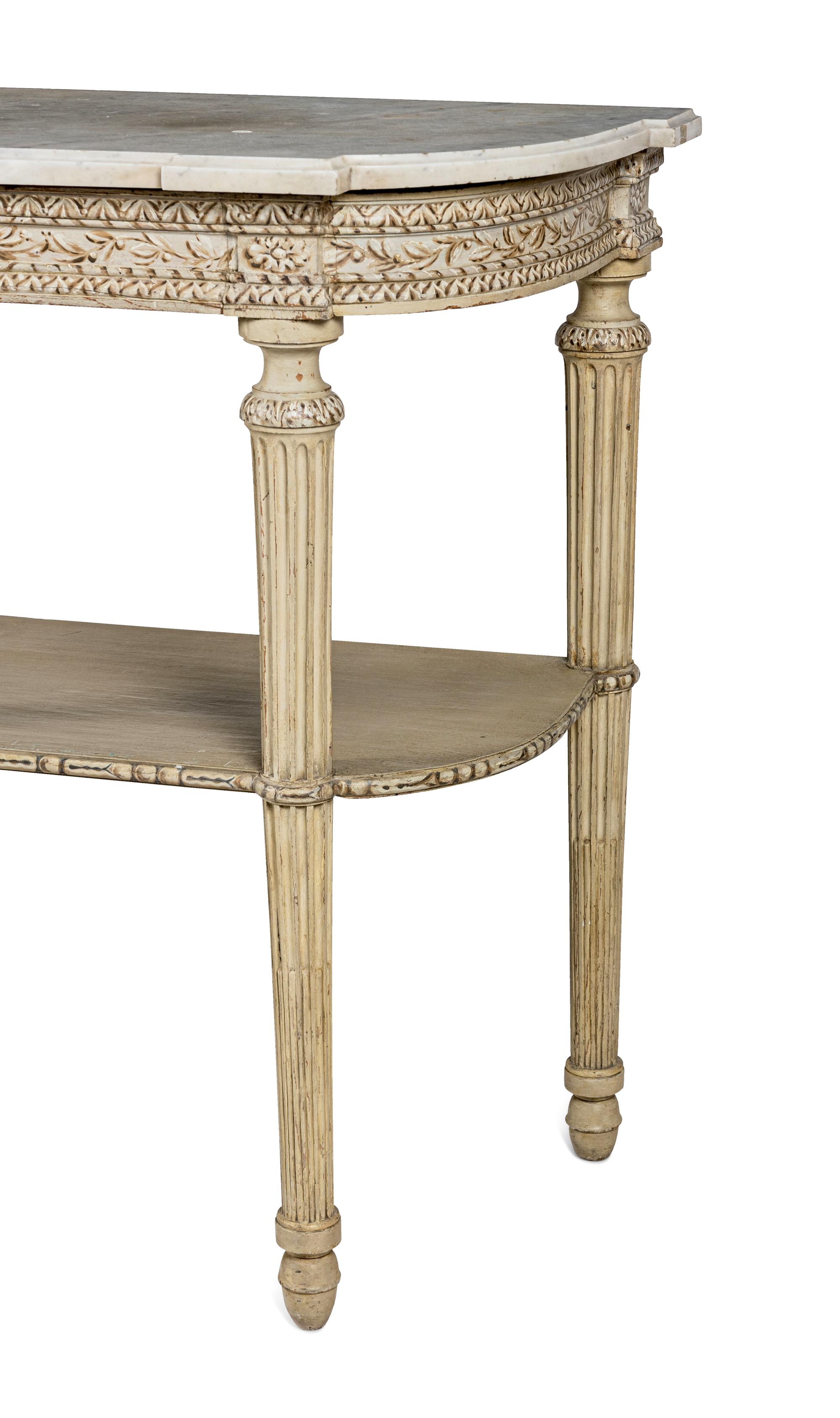 A Pair of Louis XVI Style Grisaille-Painted Console Tables